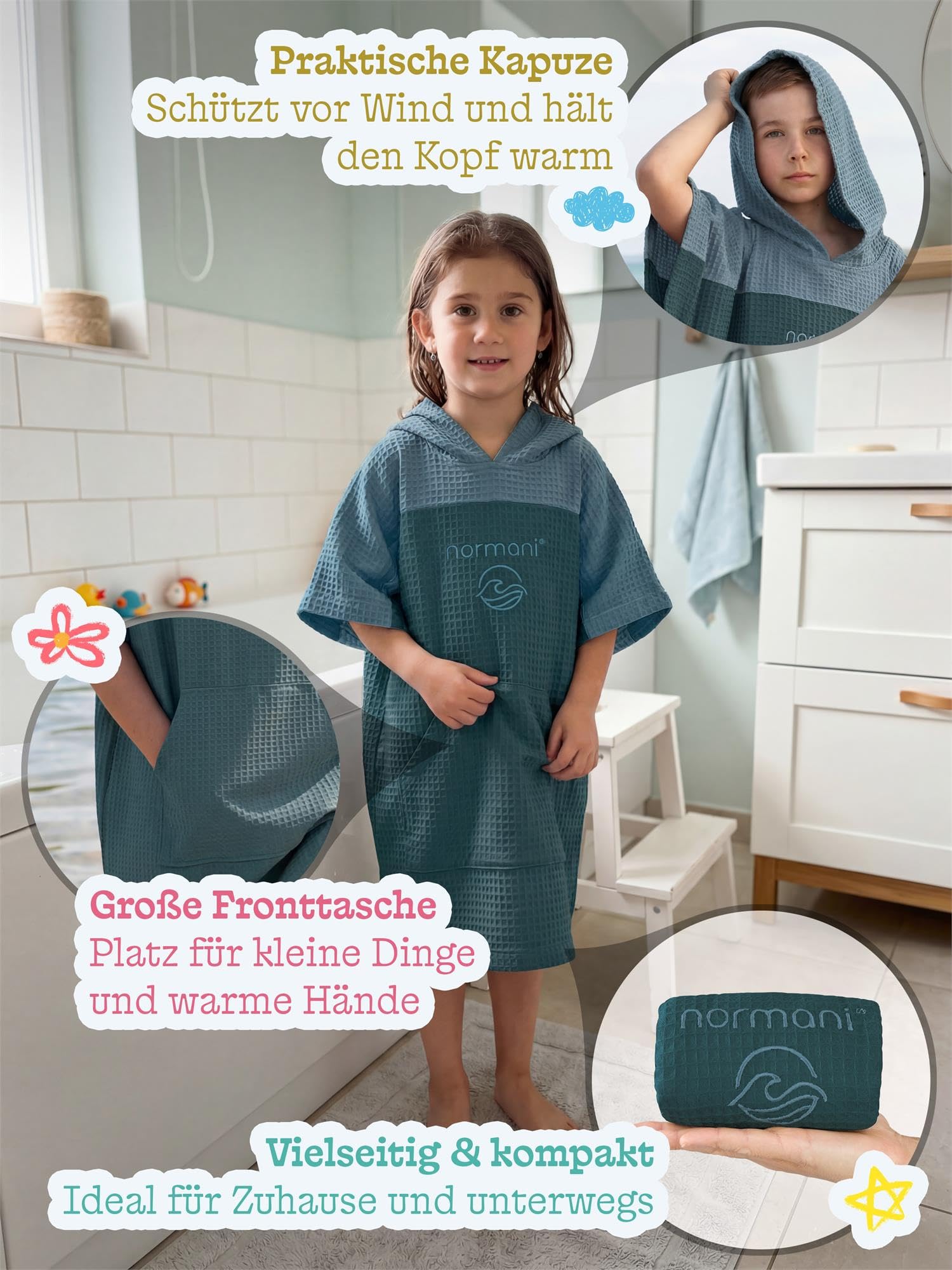 normani Kinder Badeponcho aus Waffelpique 100% Bambusviskose - Handtuch-Poncho mit Kapuze leicht und kompakt - Surfer Poncho in Europa hergestellt
