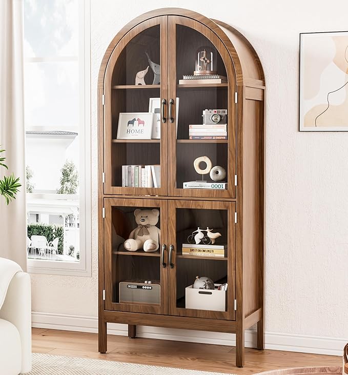 70.9'' Tall Arched Display Cabinet with Acrylic Glass Doors, Modern 5-Tier Arched Bookcase, Kitchen Pantry Storage Cabinet Curio Cabinets for Living Dining Room (Walnut, 31.5‘’W)