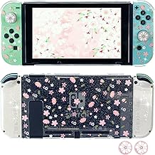 FANPL Glitter Clear Case for Nintendo Switch, Hard Shell Cute Protective Case Cover for Switch and Joy Con Controller with 2 Glitter Cherry Blossoms Thumb Grips - Embossed Feel (Pink Sakura Snow)
