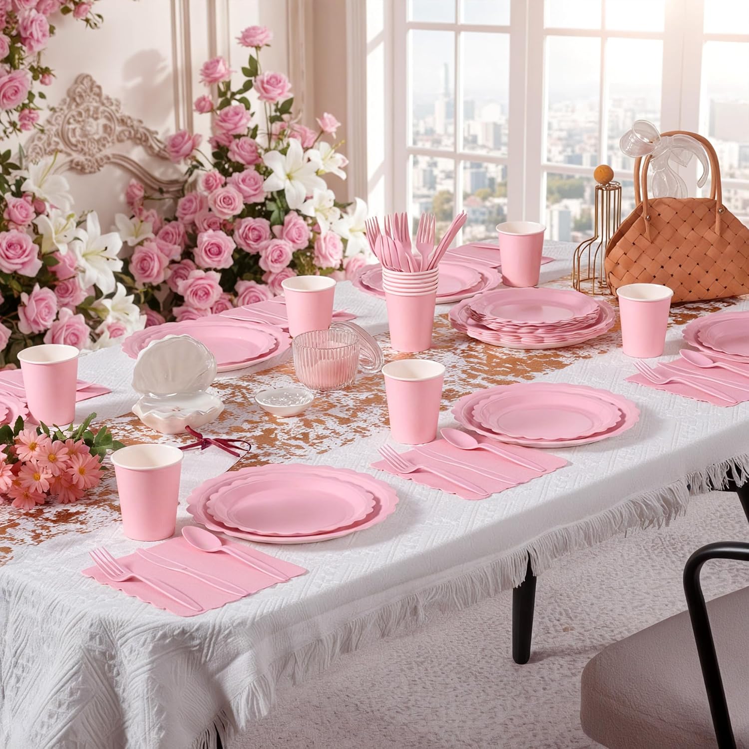 Fijinhom Pink Paper Plates Set, 350 PCS Party Supplies, Disposable Dinnerware Set for 50 Guests, Pink Paper Plates Napkins Cups Plastic Forks Knives Spoons for Wedding Festivals