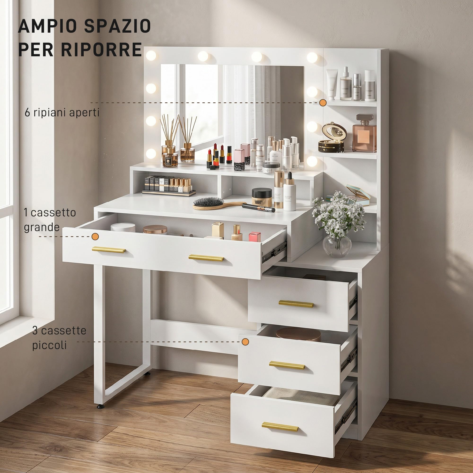HOMCOM Postazione Trucco con Luci LED con 4 Cassetti 100x40x138 cm Bianco | Tavolo Toeletta Moderno, per Camera da Letto, 6 Ripiani Aperti, Specchio, Toeletta Trucco