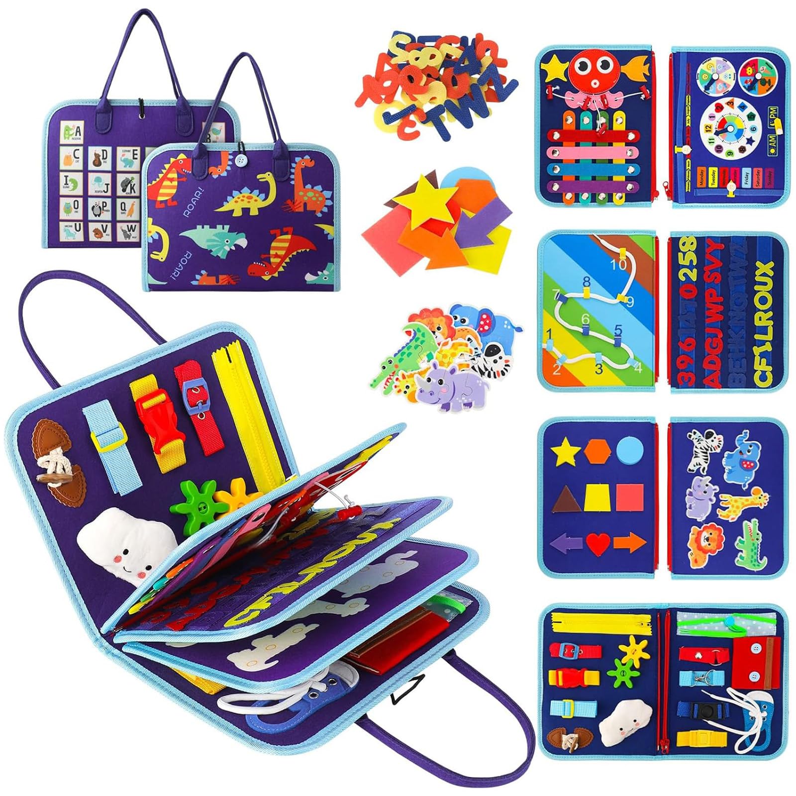 YTPAFK Busy Board, 8 In 1 Busy Book, Montessori Toys for 1 2 3 4 Year Old, Montessori Busy Board, Educational Learning Activity Sensory Toy, Travel Toy for Plane Car, Gift for Boys Girls (Blue)