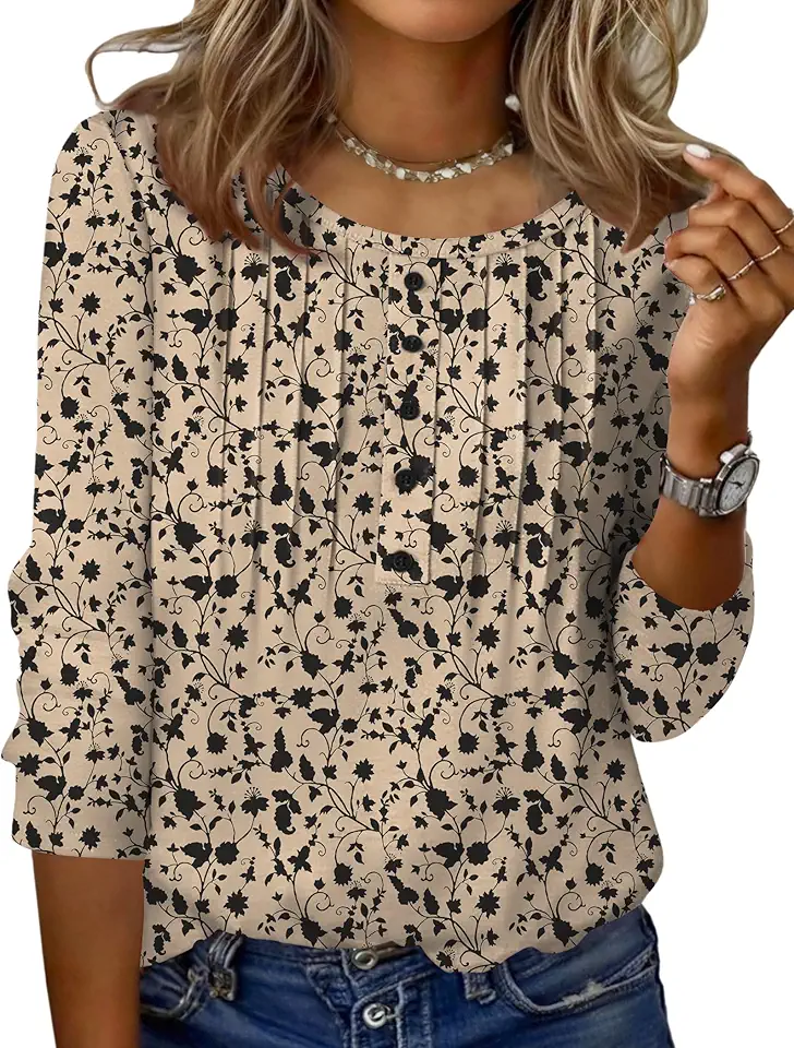 Zeagoo 3/4 Length Sleeve Womens Tops Round Neck Casual Summer Tunic Tops Basic Tees Blouses Dressy T-Shirts Pleated Shirts