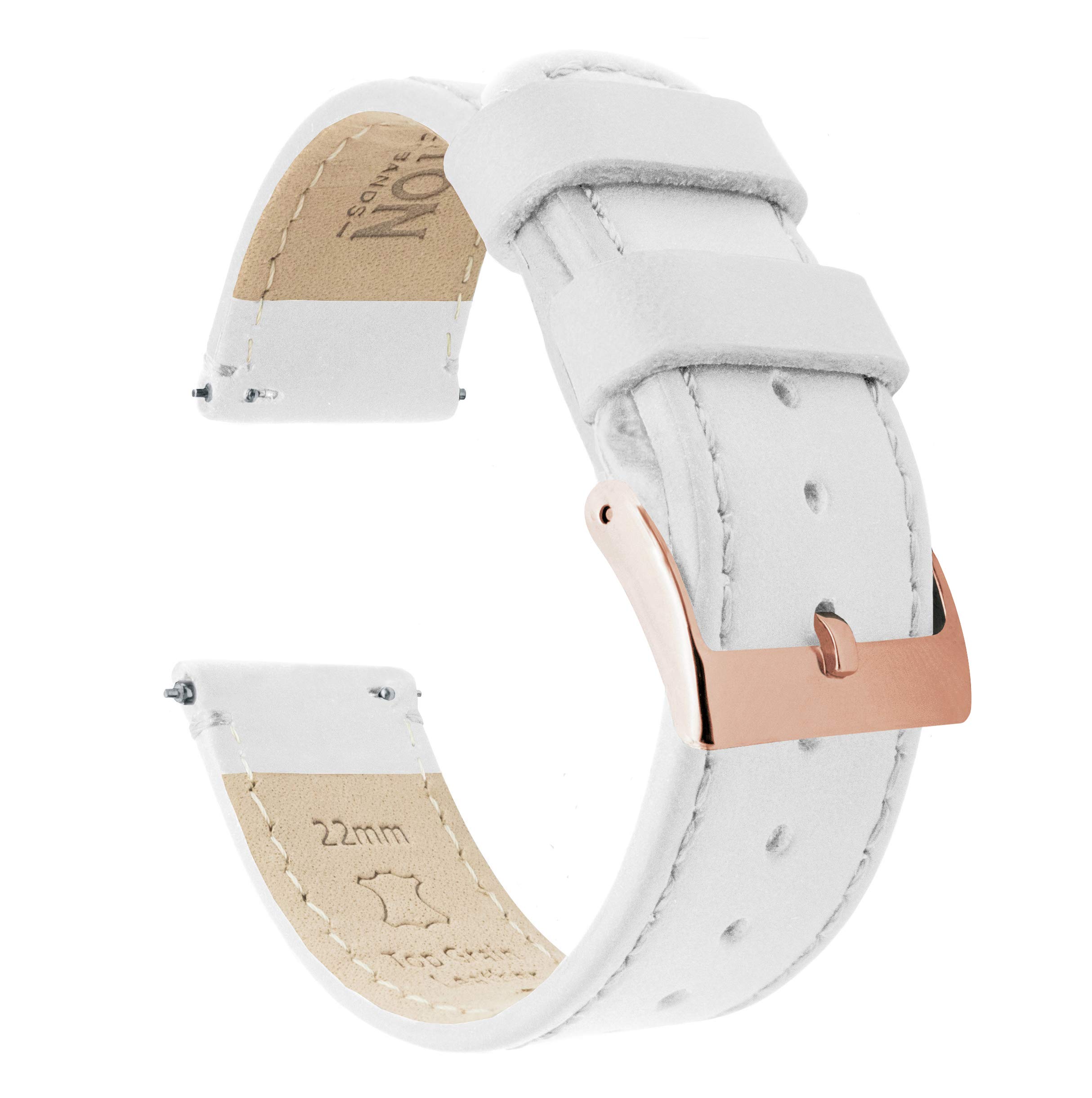 Barton Quick Release - Top Grain Leather Watch Band Strap - Choice of Width - 16mm, 18mm, 19mm, 20mm, 21mm 22mm, 23mm or 24mm, White Leather/White Stitching (Rose Gold Buckle), 20mm, Traditional