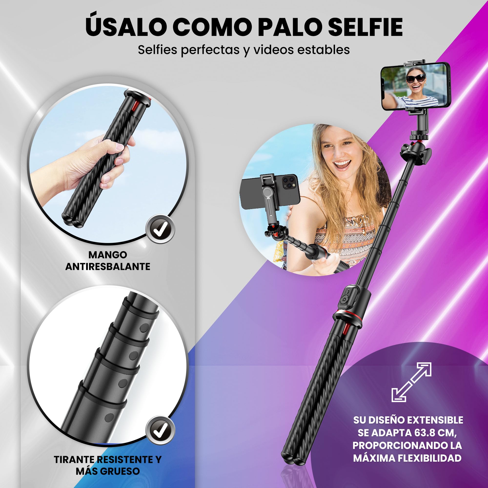 KHROMAX Treppiede flessibile 3-in-1 con Selfie Stick estensibile 64 cm + controllo Bluetooth, compatibile Phone/Android