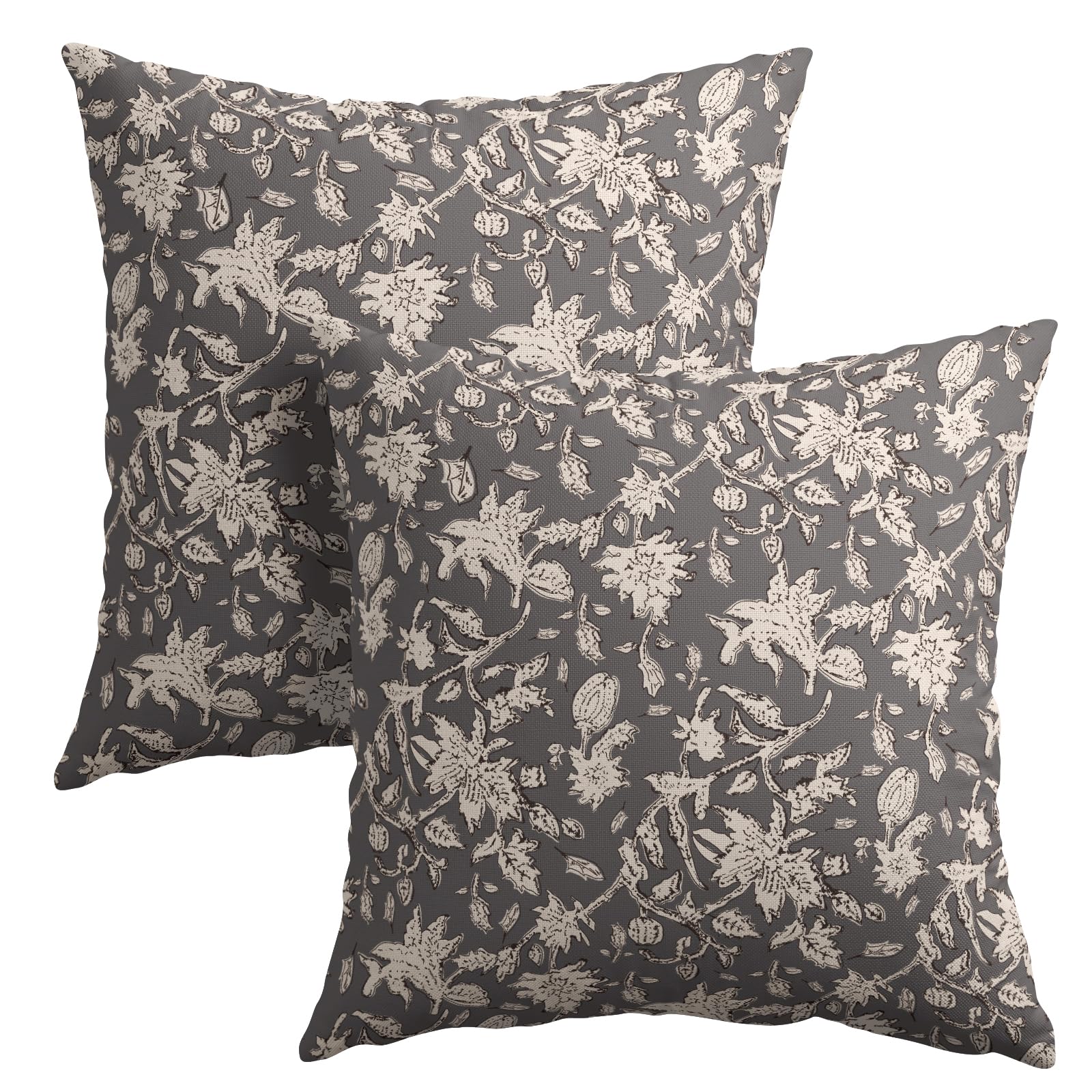 Gray Floral Block Print Throw Pillow Covers 18x18 Inch Set of 2 Vintage Boho Cottage Spring Fall Decor Cushion Cover Neutral Accent Modern Pillowcase
