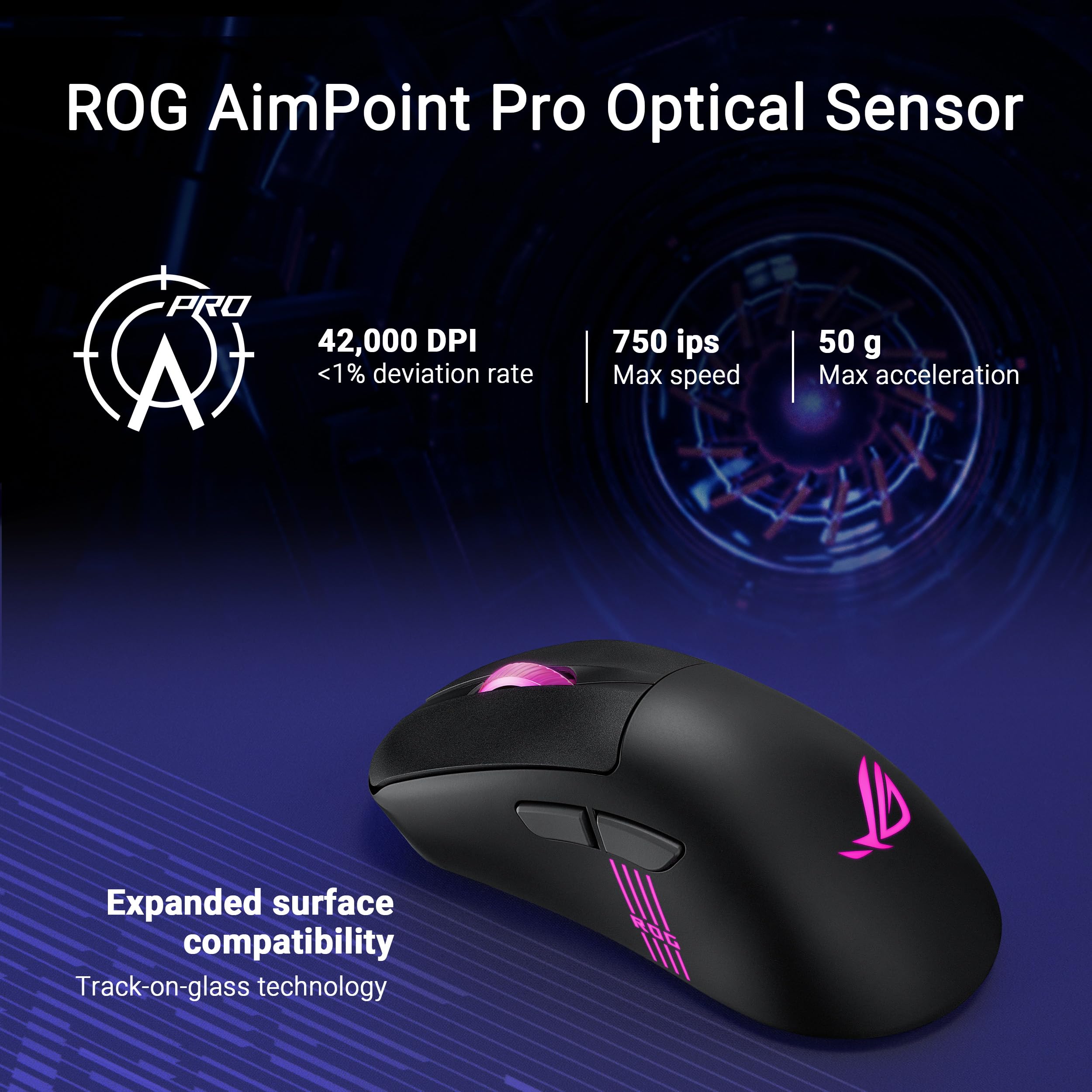 ASUS ROG Keris II Origin 64 g, ergonomiczna mysz do gier, złącze Push-Fit Switch, czujnik optyczny 42K, ROG Micro Switch II, ROG Omni Receiver, 5 programowalnych przycisków, czarny