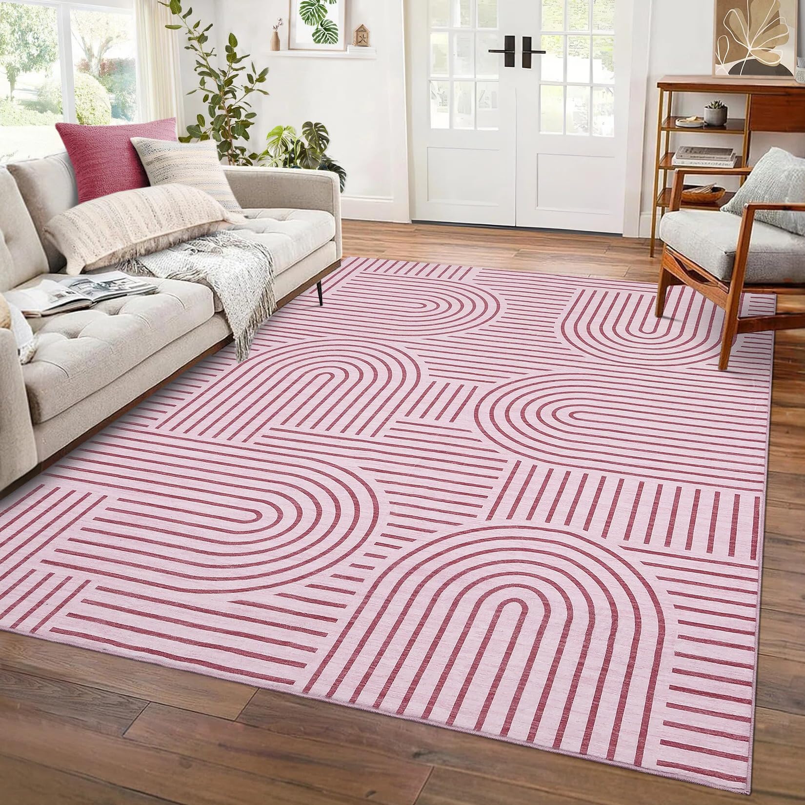 Grands tapis de salon, tapis géométrique moderne, tapis lavables pour la chambre à coucher, tapis doux à poils courts pour la chambre d'enfant ou le bureau, rose 160x230 cm