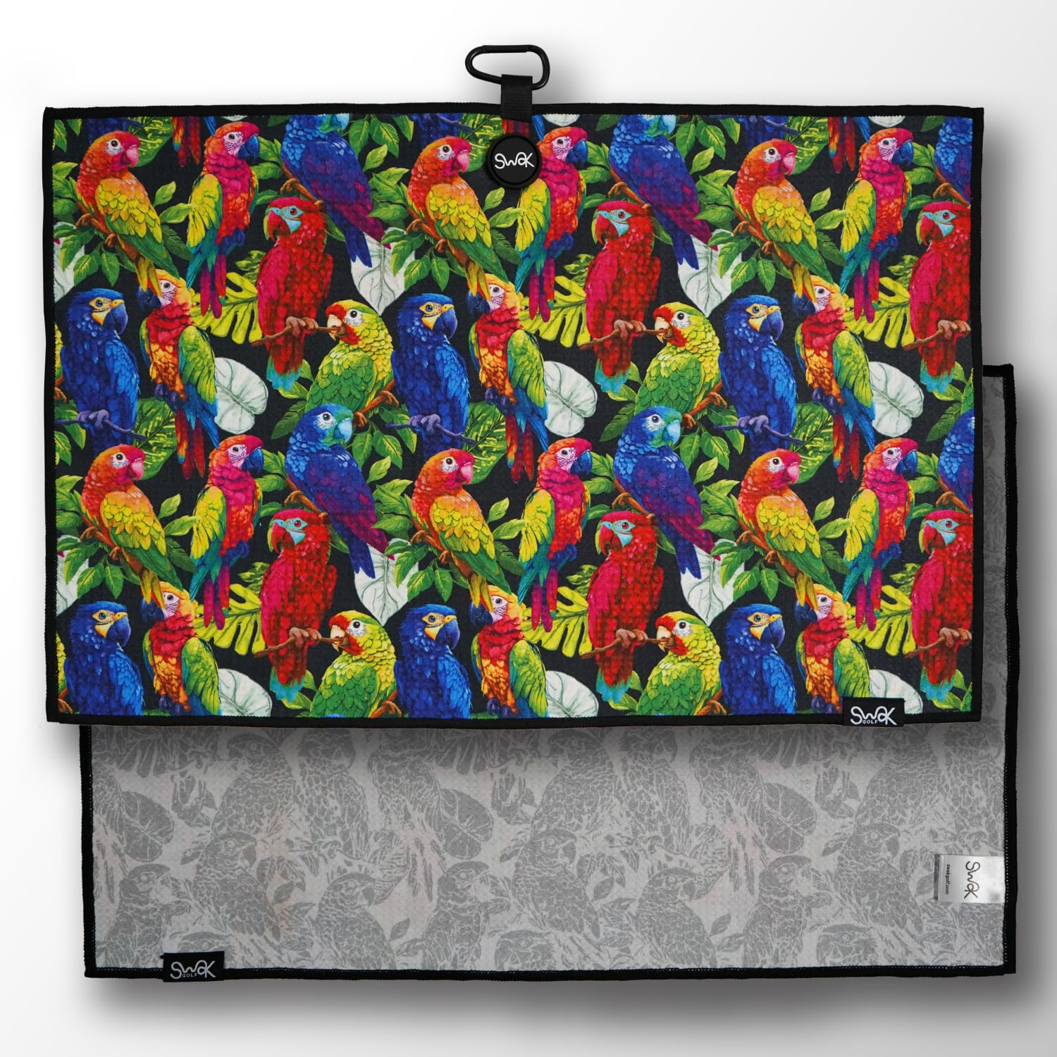 Microfibre Golf Towel by SWAK - Unique Design Easily Attaches to Your Cart - Essential Golf Accessories - Great Golf Gifts for Men - 40 x 60cm (Parrots)