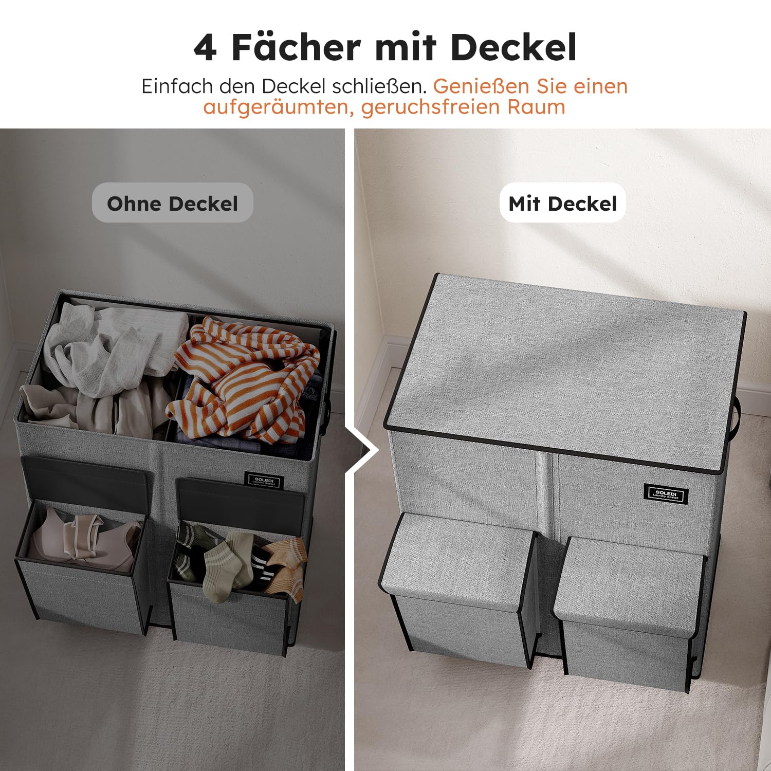 SOLEDI 180L Wäschekorb mit Deckel, Wäschesammler 2 Fächer mit 2 Seitentaschen, Laundr Baskets mit 2 Wäschesack, Wäschesortierer Groß XXXL für Badezimmer, Schlafzimmer, Waschküche