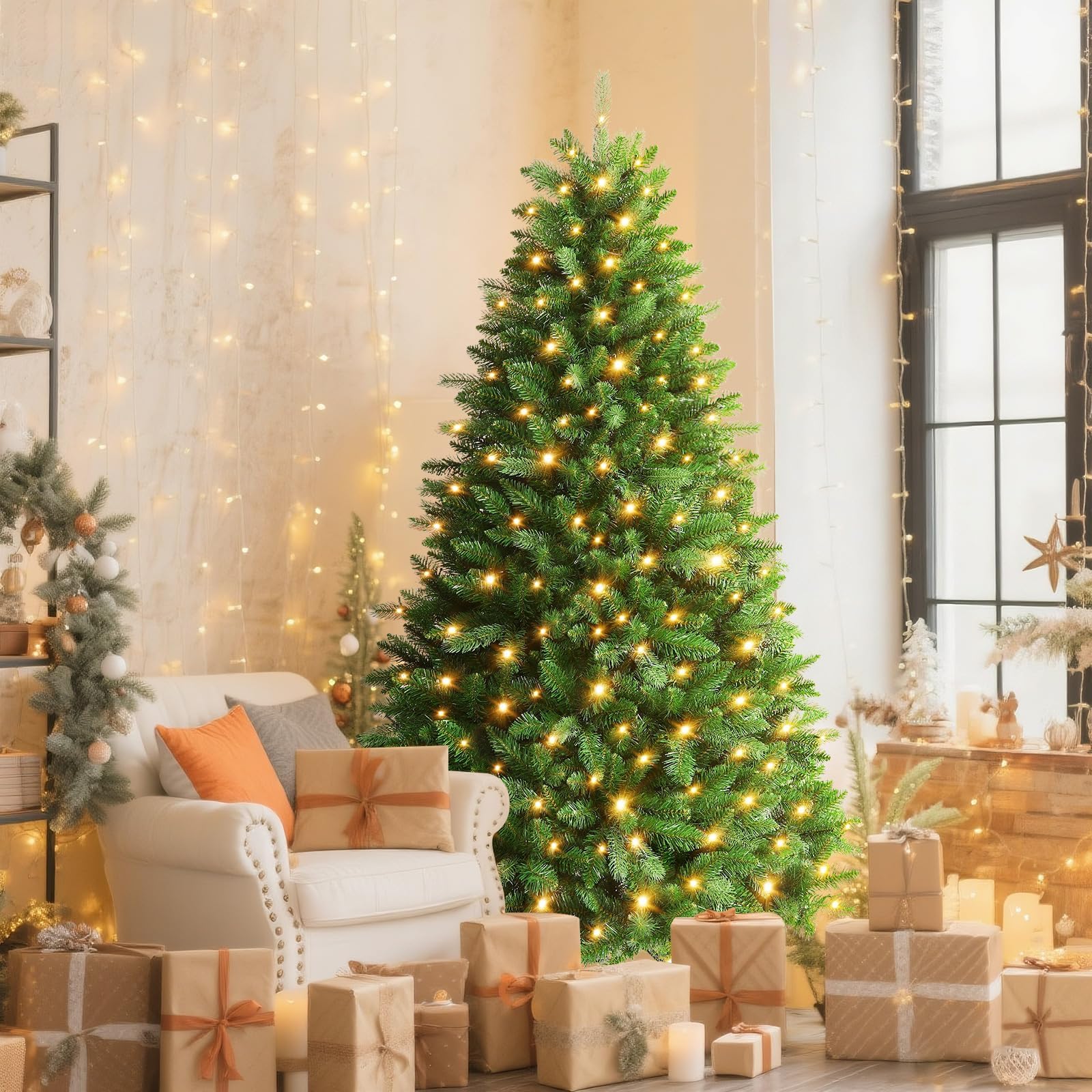 SHareconn 180 cm Arbol de Navidad Artificial con Luces Led, con 1322 PE y PVC Puntas de Rama, con 350 Luces Blancas Cálidas & Multicolores y 12 Modos de luz, Soporte de Metal Plegable, Montaje Rápido