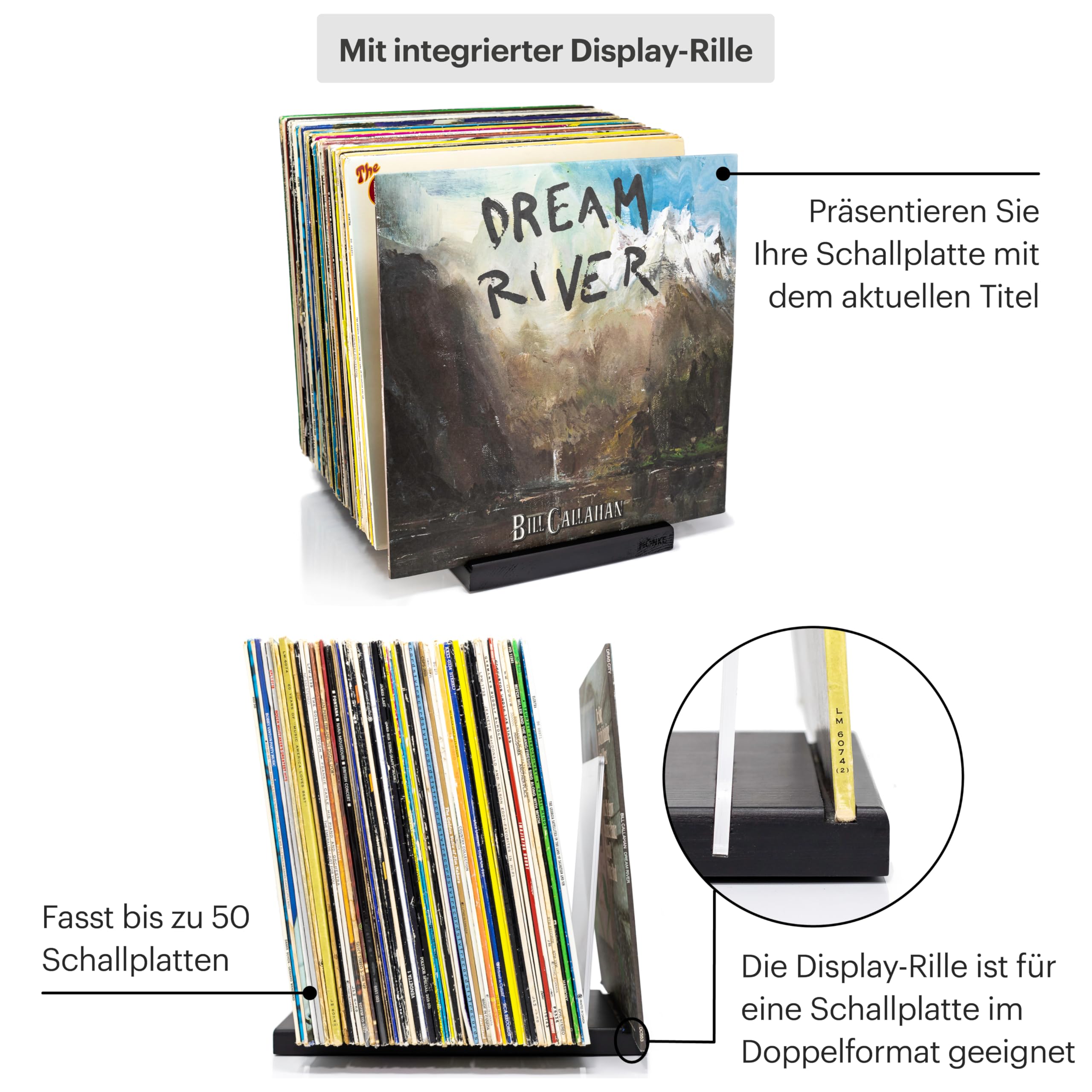 Schallplattenständer - Ein Plattenhalter im minimalistischen Design - 50 LP Kapazität - mit einer vorderen Display-Rille (Schwarz)