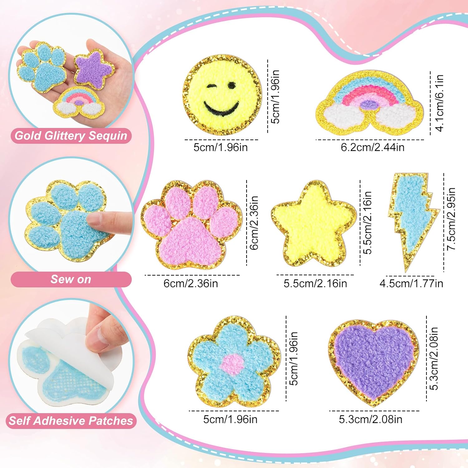 Hanaive 80 Pcs Chenille Letter Patches Self Adhesive Iron on Patch 3D Cute Embroidered Rainbow Smile Face Heart Applique Sewing Badges Patch for Fabric Clothing Jacket DIY(Macaron,Cute)