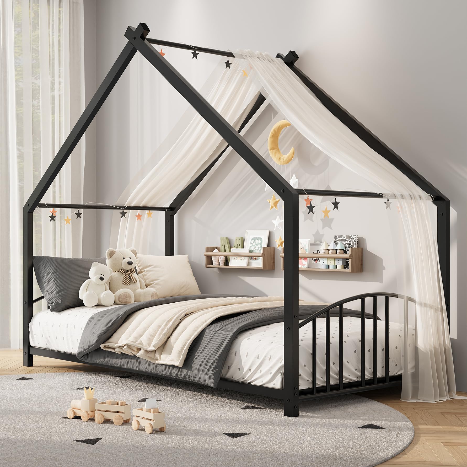 Garvee Twin Size Metal House Bed Frame for Kids, Black