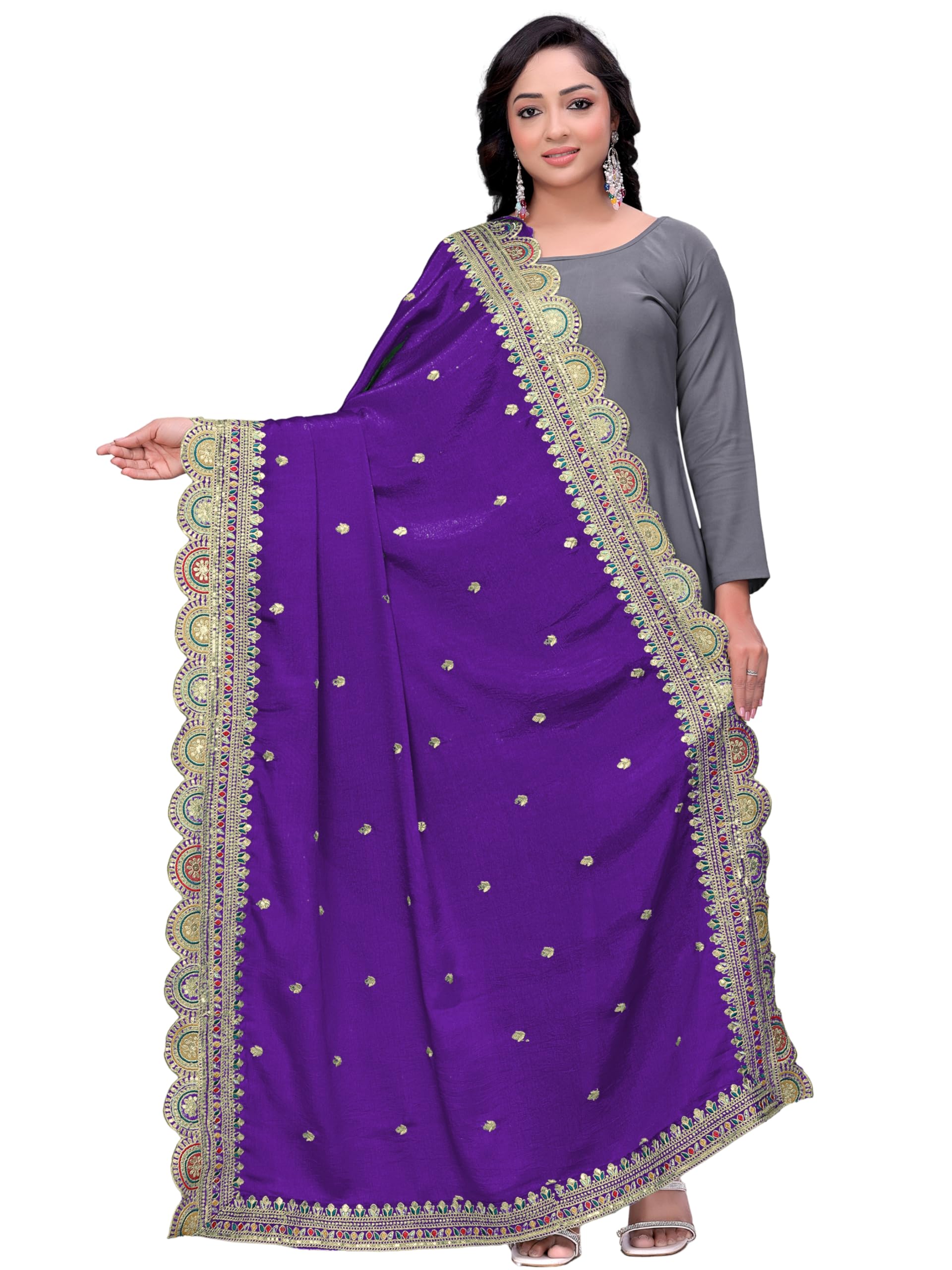 kemza Chinon Silk Dupatta with Heavy Embroidery & Sequins Work, Lace Border, Variegated Thread Design – Multi-Color Ethnic Wear-picture-18