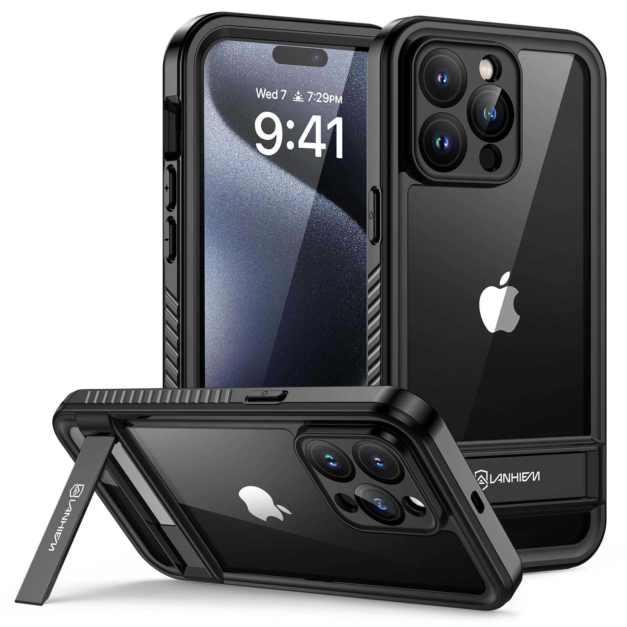 Lanhiem for iPhone 15 Pro Case with Stand, IP68 Waterproof Dustproof Shockproof Kickstand 15 Pro Case with Screen Protector, Full Body Protective Cover for iPhone 15 Pro, 6.1 inch (Black)