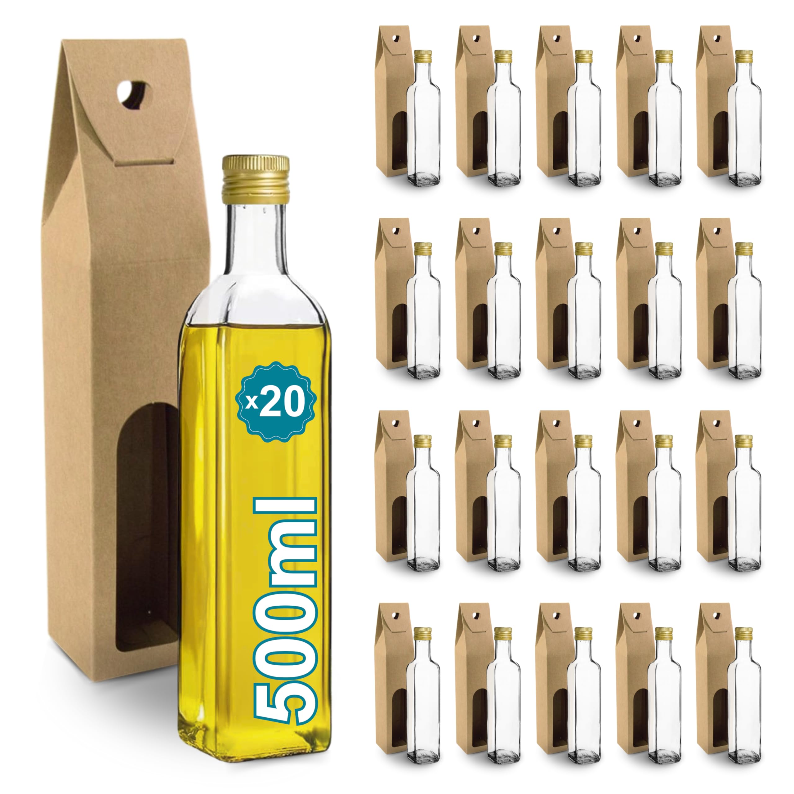 Espirito Rebelde 20 Botellas de Cristal 500ml con Tapón de Rosca Dorado + 20 Cajas - Aceite de Oliva, Vinagre, Alcohol, Salsas - Aceitera de Cristal