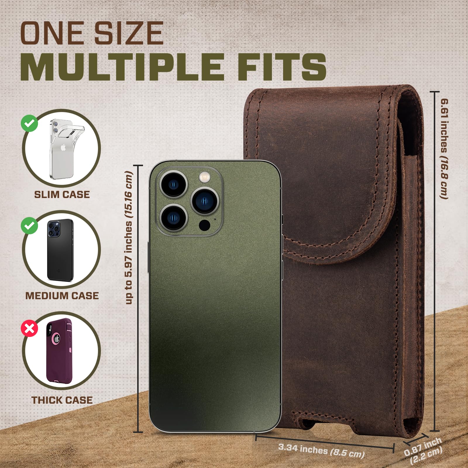 Funda de Cuero Genuino para teléfono Celular, Compatible con iPhone 16, 15, 14, 13 Pro, Samsung Galaxy S25, S24, S23, con Cierre magnético y Clip para cinturón (café)