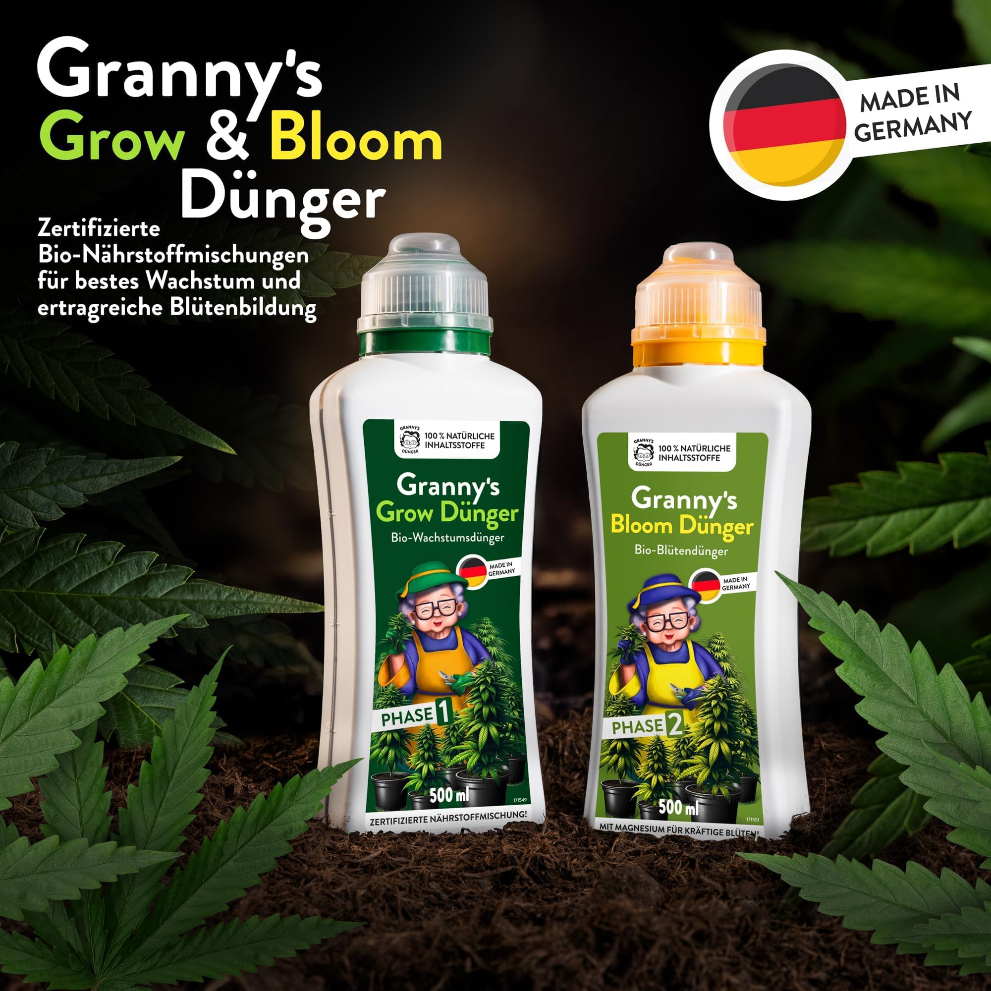 GRANNYS® Grow & Bloom Set - Flüssigdünger für Cannabispflanzen I Organisch I Für Wachstums- & Blütephase I Indoor & Outdoor I Einfache Anwendung I Mit Messbecher
