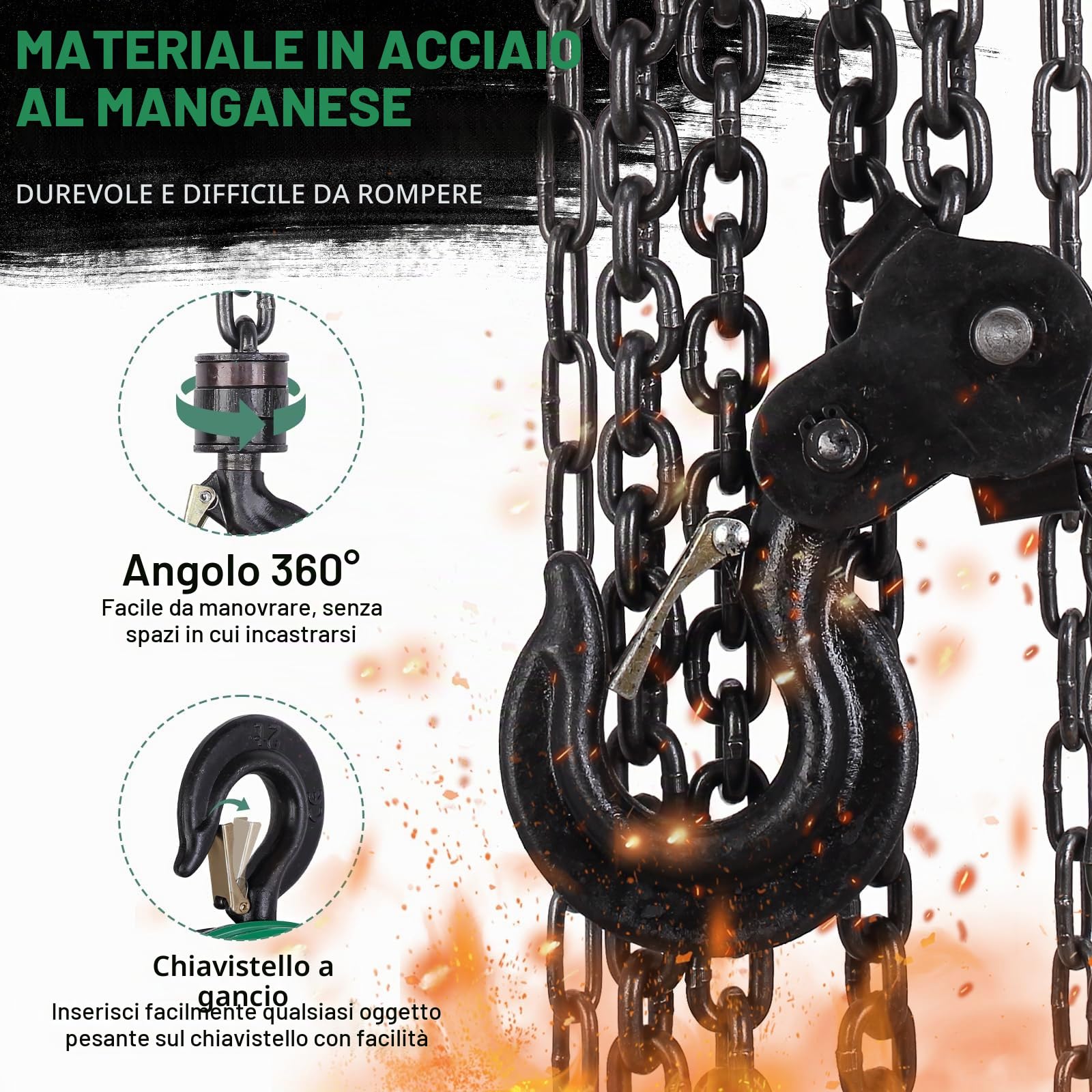 STANEW Paranco a catena manuale con gancio robusto, altezza di sollevamento 5M, doppia catena di ricarica, gancio di sicurezza, portata 2000KG,per operazioni di sollevamento in silvicoltura, officine