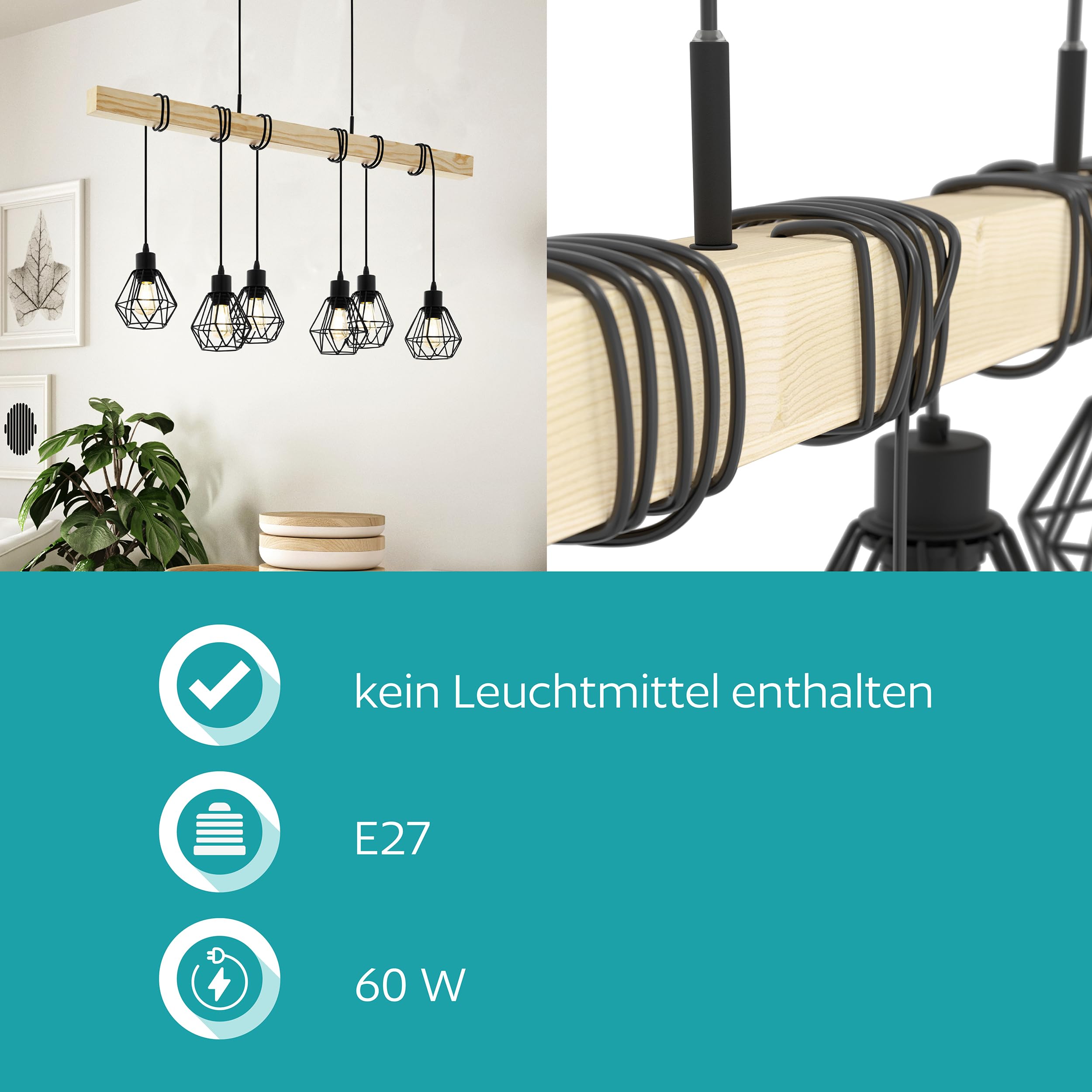 EGLO Pendellampe Townshend 5 6 flammige Vintage | Pendelleuchte im Industrial Design, Retro Hängelampe aus Stahl und Holz, Farbe: Schwarz, braun, Fassung: E27