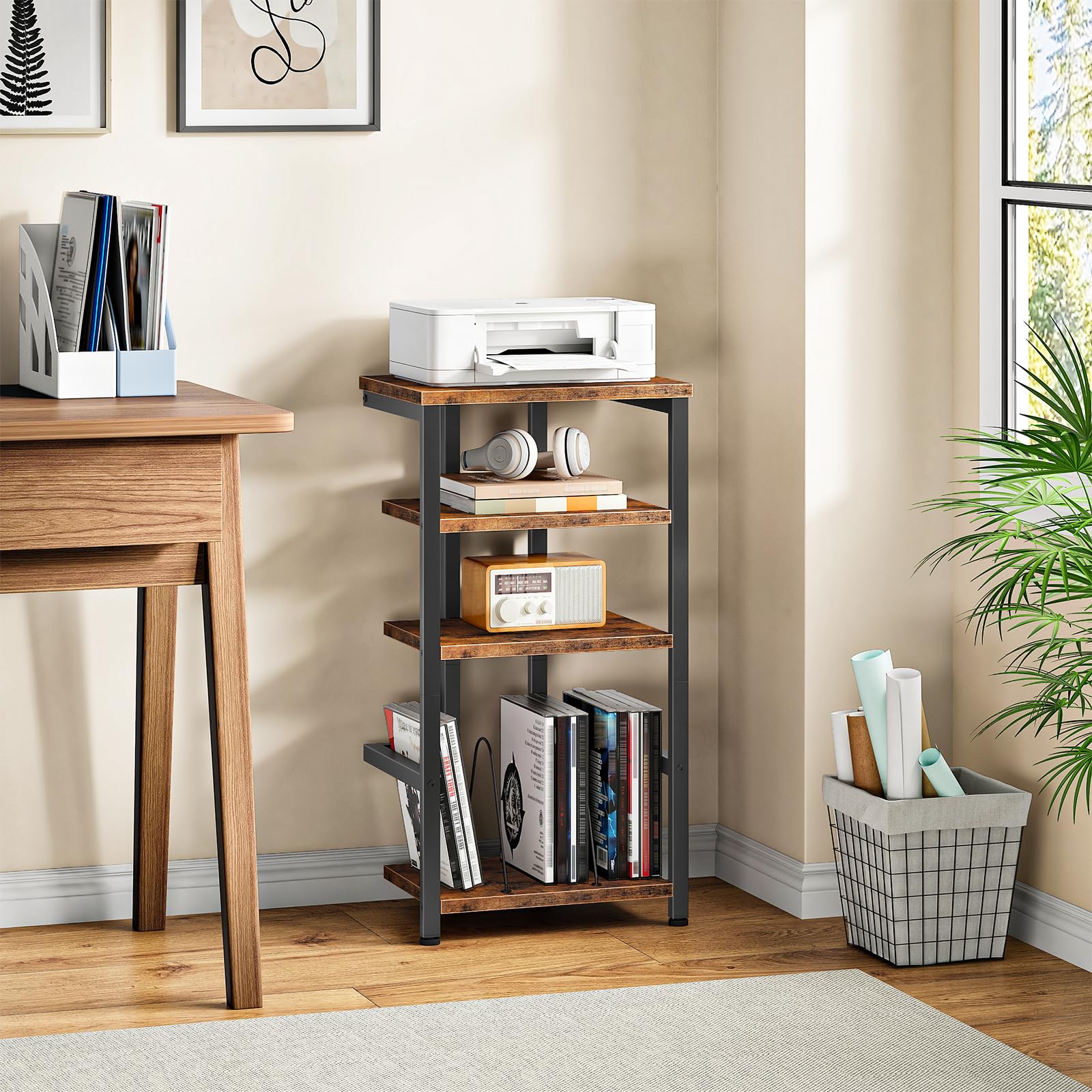 HOOBRO Meuble Tourne-Disque Style Vintage, Rangement Vinyles 4 Niveaux, Étagère Média pour Équipement Audio, Meuble Audio, Hauteur 39 x 28 x 76 cm, pour Salon, Marron Rustique et Noir EBF42CJ01