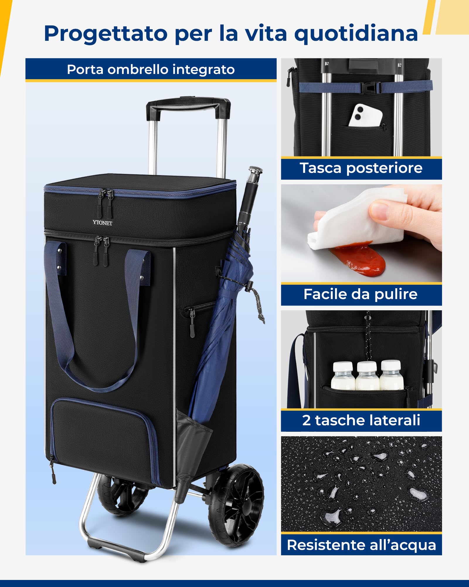 Ytonet Carrello Spesa con Ruote 55L Grande Capacità, 2 in 1, Portata 68kg, Carrello Pieghevole con Ruote Grandi, Borsa Termica e Interno Impermeabile, Ideale per Spesa e Campeggio, Nero | 55L Grande Capacità, 2 in 1, Portata 68KG, con Borsa Termica e Inte