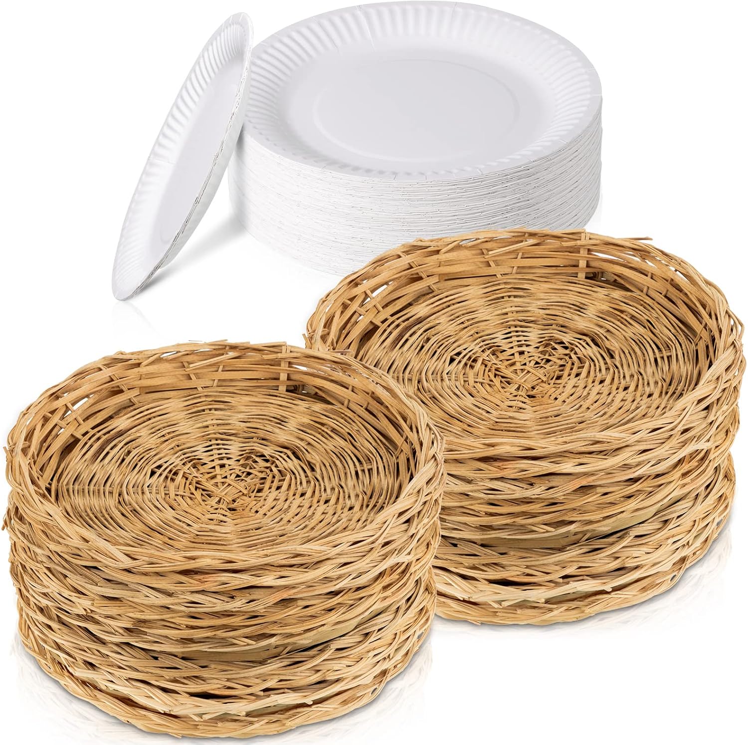 10 Pieces Bamboo Paper Plate Holder 10 Inch Wicker Plate Holders and 50 Pieces 8