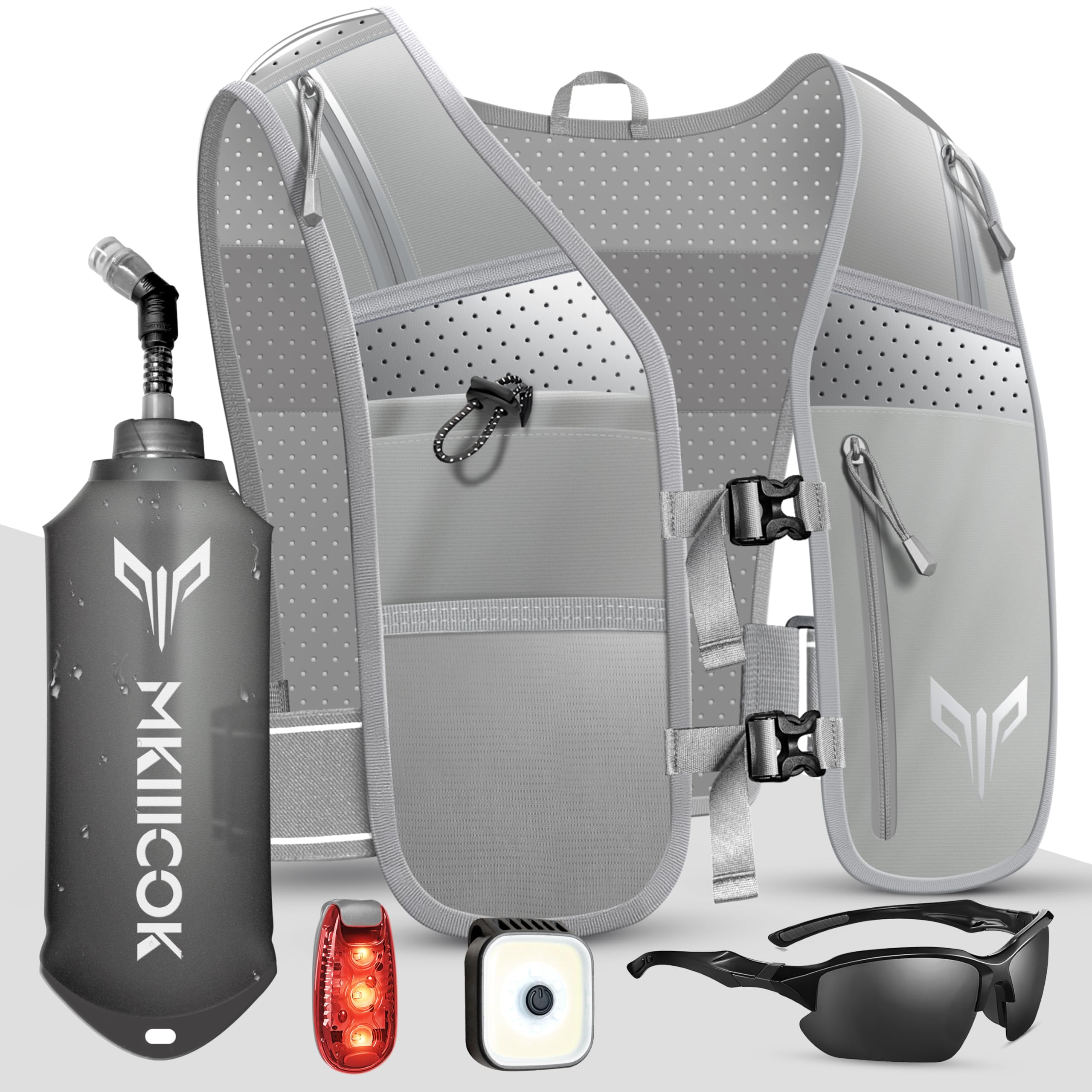 LED Running Vest for Men & Women with Phone Holder & 500ml Water Bottles - Reflective Lightweight Running Hydration Vest for Night Running, Marathon, Trail, Cycling (Silver, One Size) — image 1