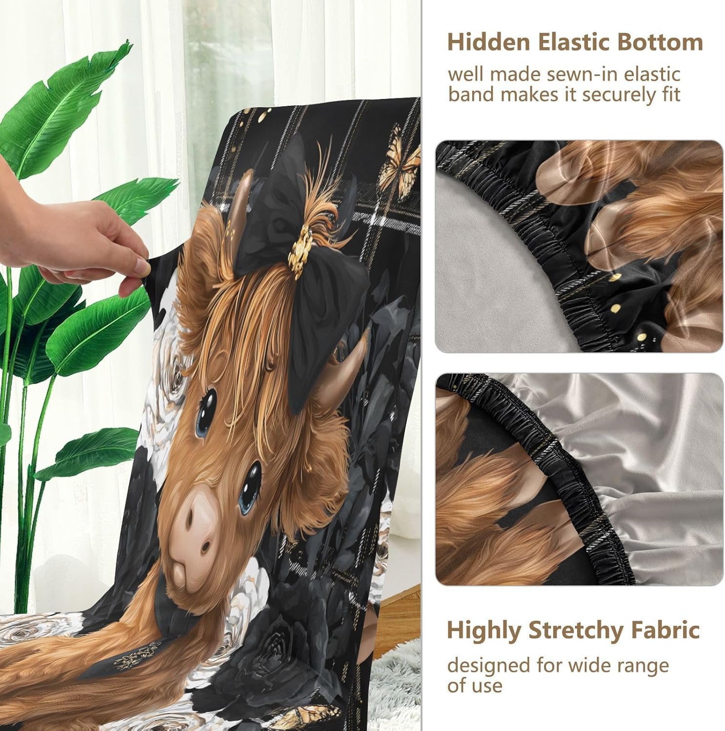 ALAZA Chair Covers for Dining Room, Highland Cow Rose Butterfly Stretch Chair Cover Sets Chair Protector Removable Washable for Ktichen Restaurant Hotel