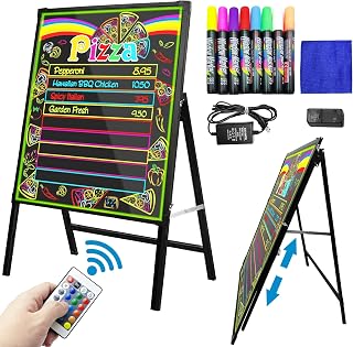 Standing A-Frame LED Message Writing Board 32" x 24", Neon Menu Sign with Adjustable Height, Outdoor Menu Display Board with 8 Colors Markers and Remote Control, DIY Message Light Board