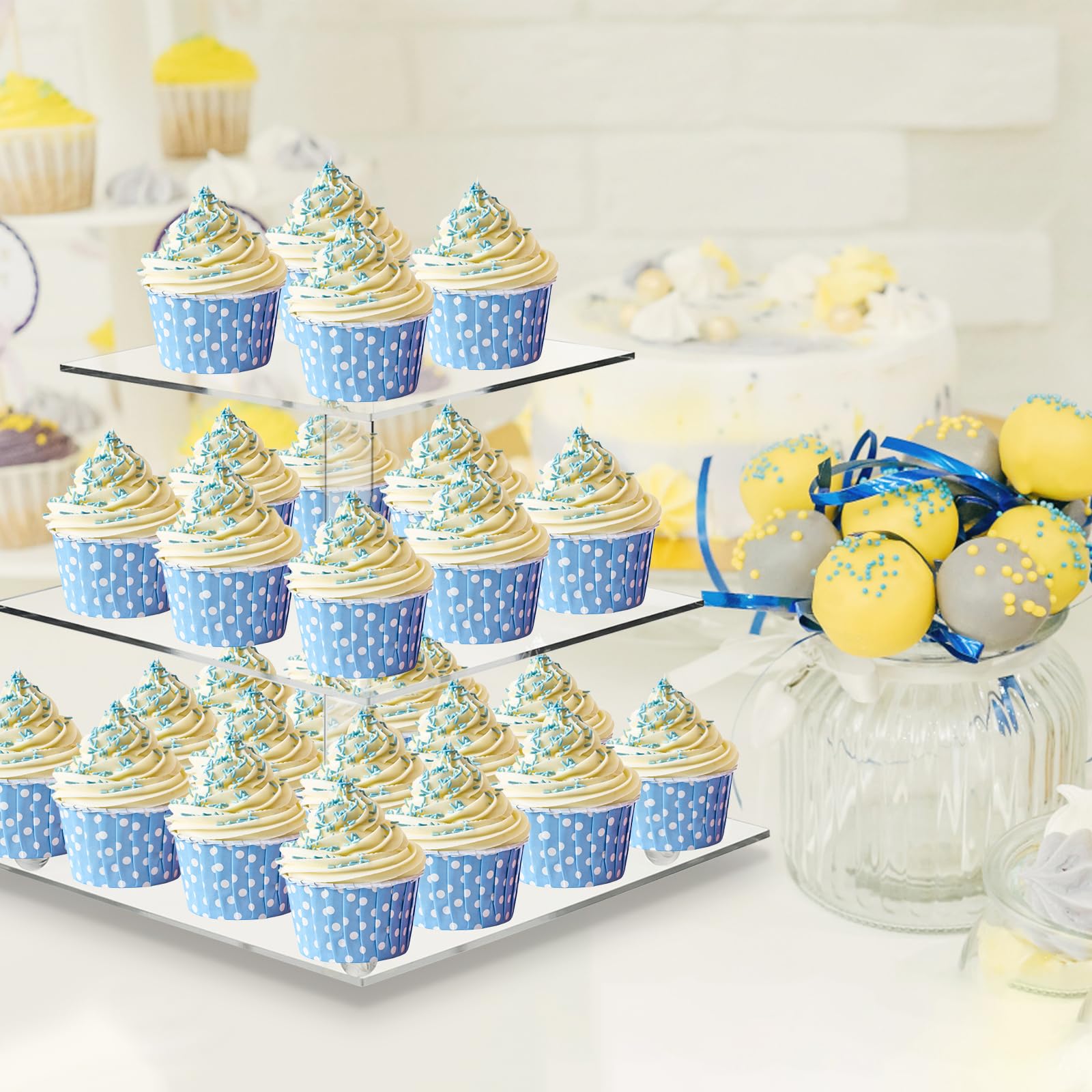 ECOSEAO Supporto per cupcake, 3 livelli, trasparente, quadrato, per cupcake, dessert, pasticceria, torre, supporto per matrimonio, compleanno, decorazione per la casa (25,4 cm)