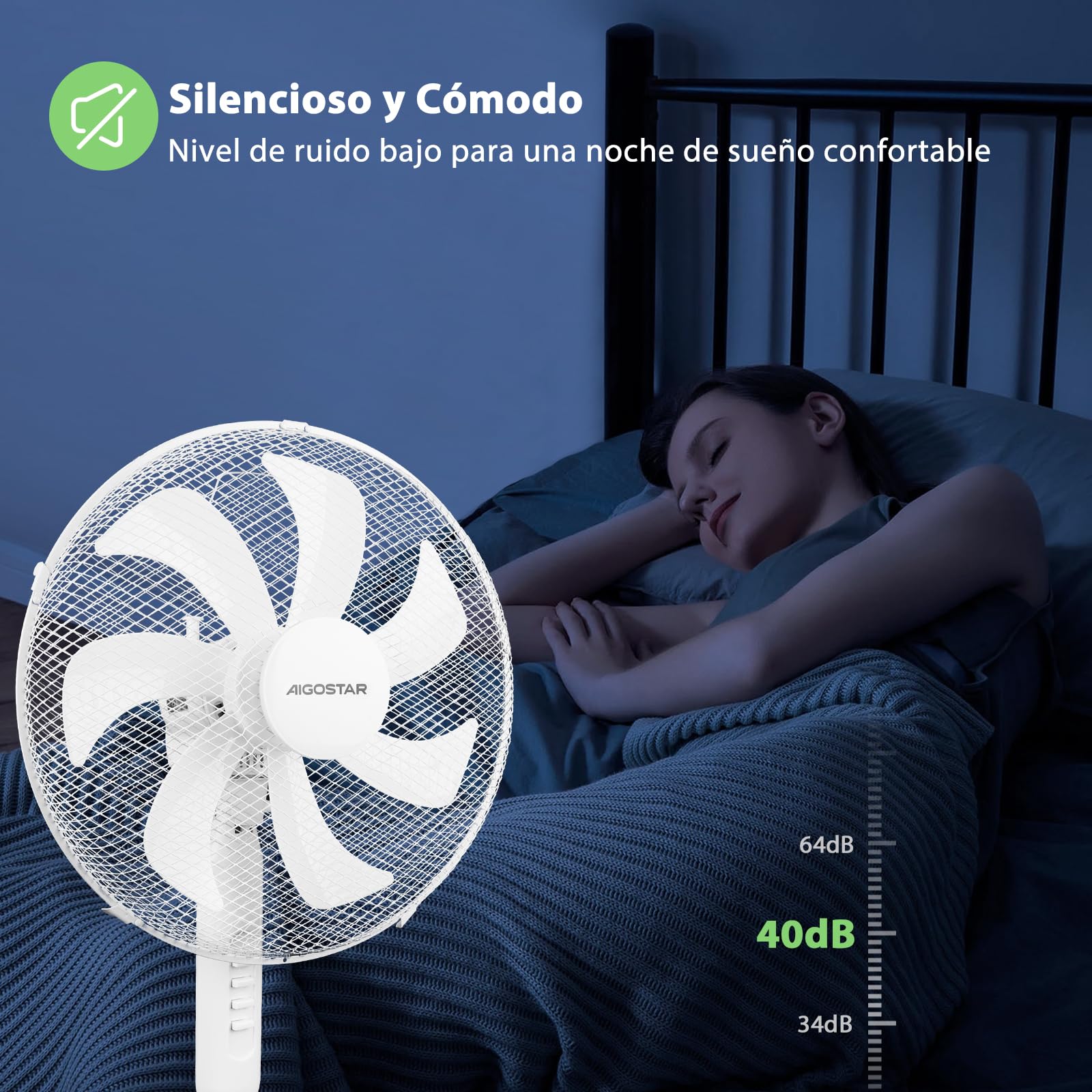 Aigostar Ventilador de Pie con 7 Aspas, Altura Ajustable 108-130cm, Ventilador Silencioso (43 cm Ø), Oscilante 70°, 3 Velocidades, para Salón, Dormitorio y Oficina, Erika