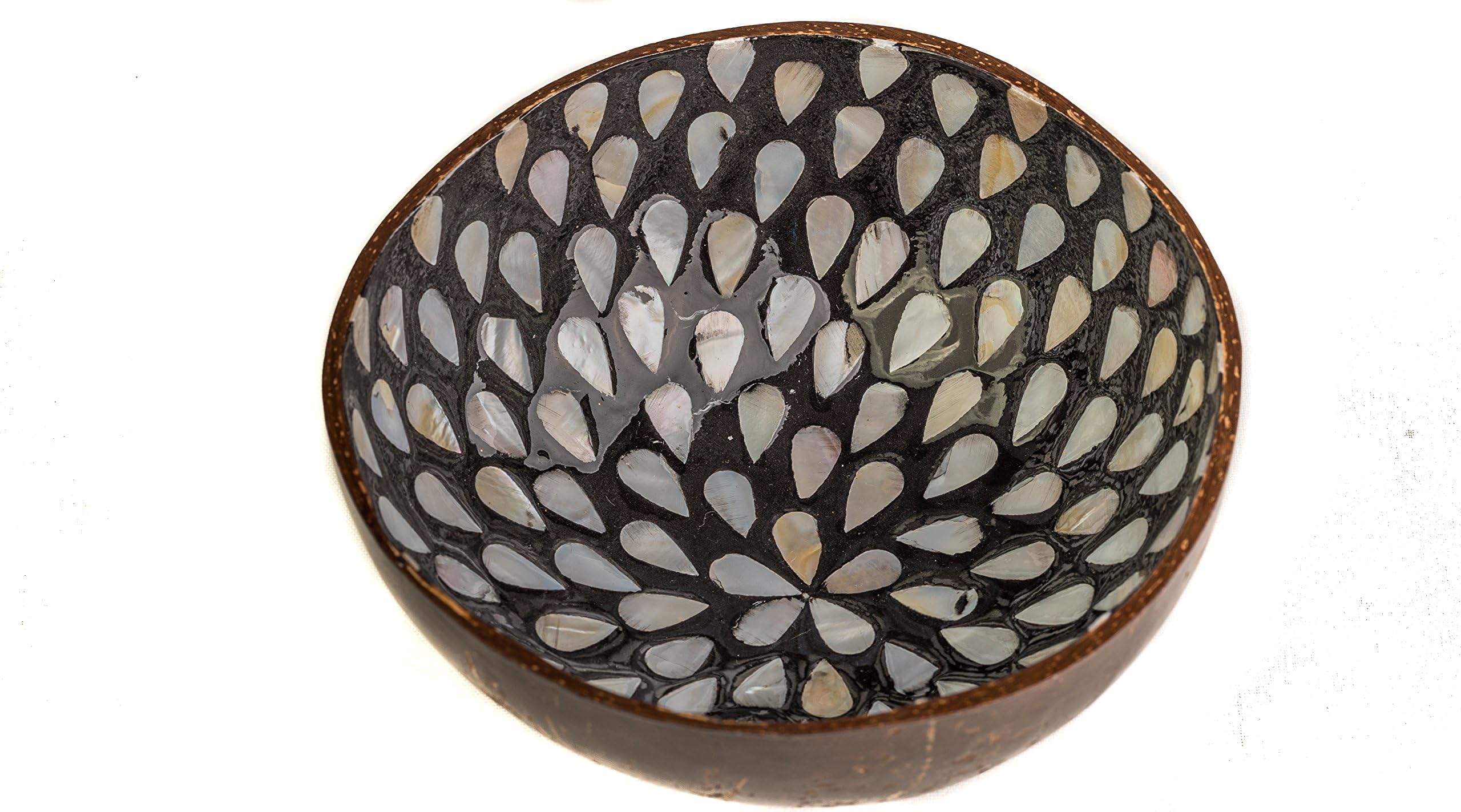 WhimMarket Beautiful Decorative Handmade Vietnamese Lacquered Natural Coconut Shell Bowls with Eggshell, Mother of Pearl, Gold and Silver Leaf Inlay (Black Shell Inlay)