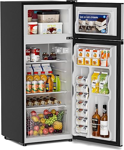 Double Door Refrigerator with Freezer, 4.5 Cu.Ft, Small Fridge with Freezer, 7 Settings Temperature Adjustable, Mini Refrigerator for Office and