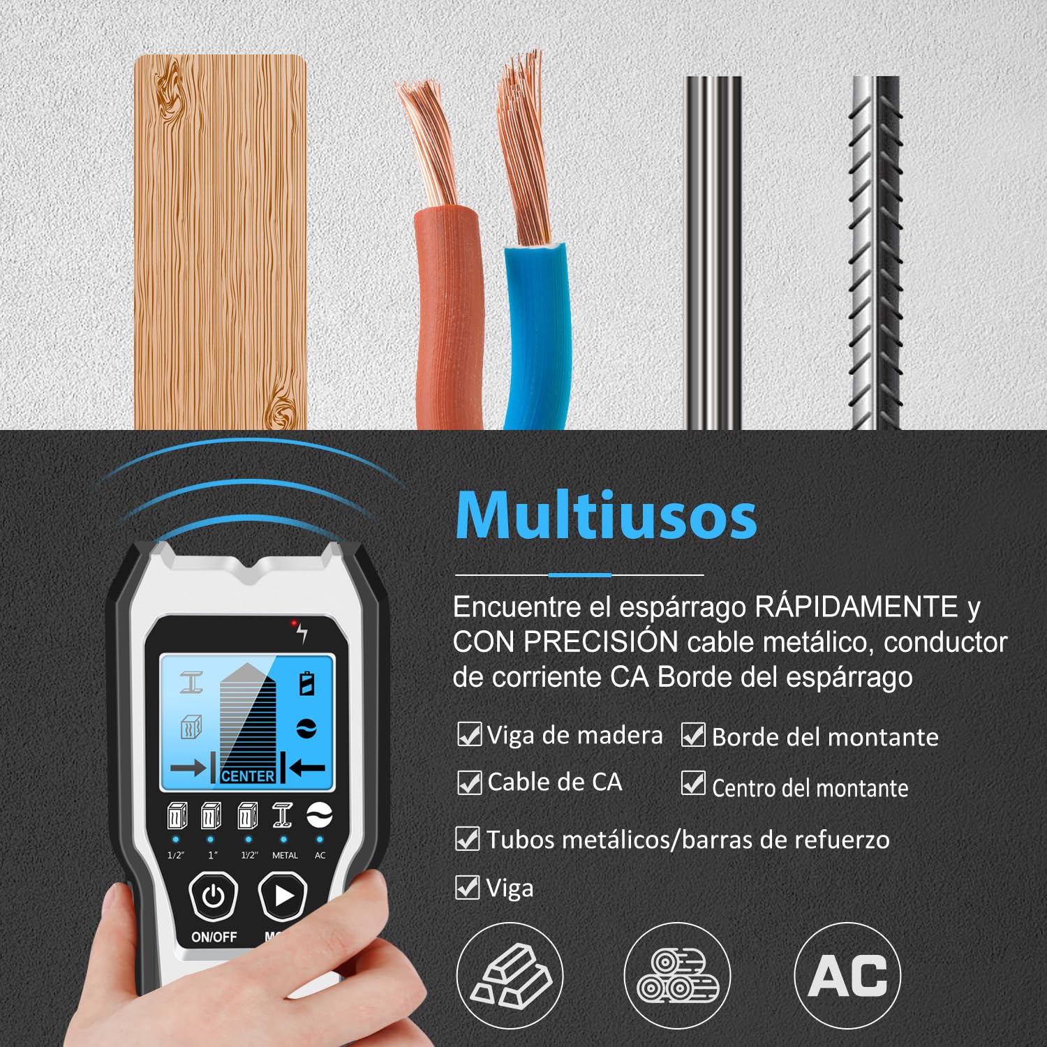 FOLAI Detector de Metales,5 in 1 Detector de Pared Digital y Gráfico,Herramientas Bricolaje,Detector de Metales,Detector Cables y tuberias,Escáner de Pared para Detectar Cables Bajo Tensión y Metales