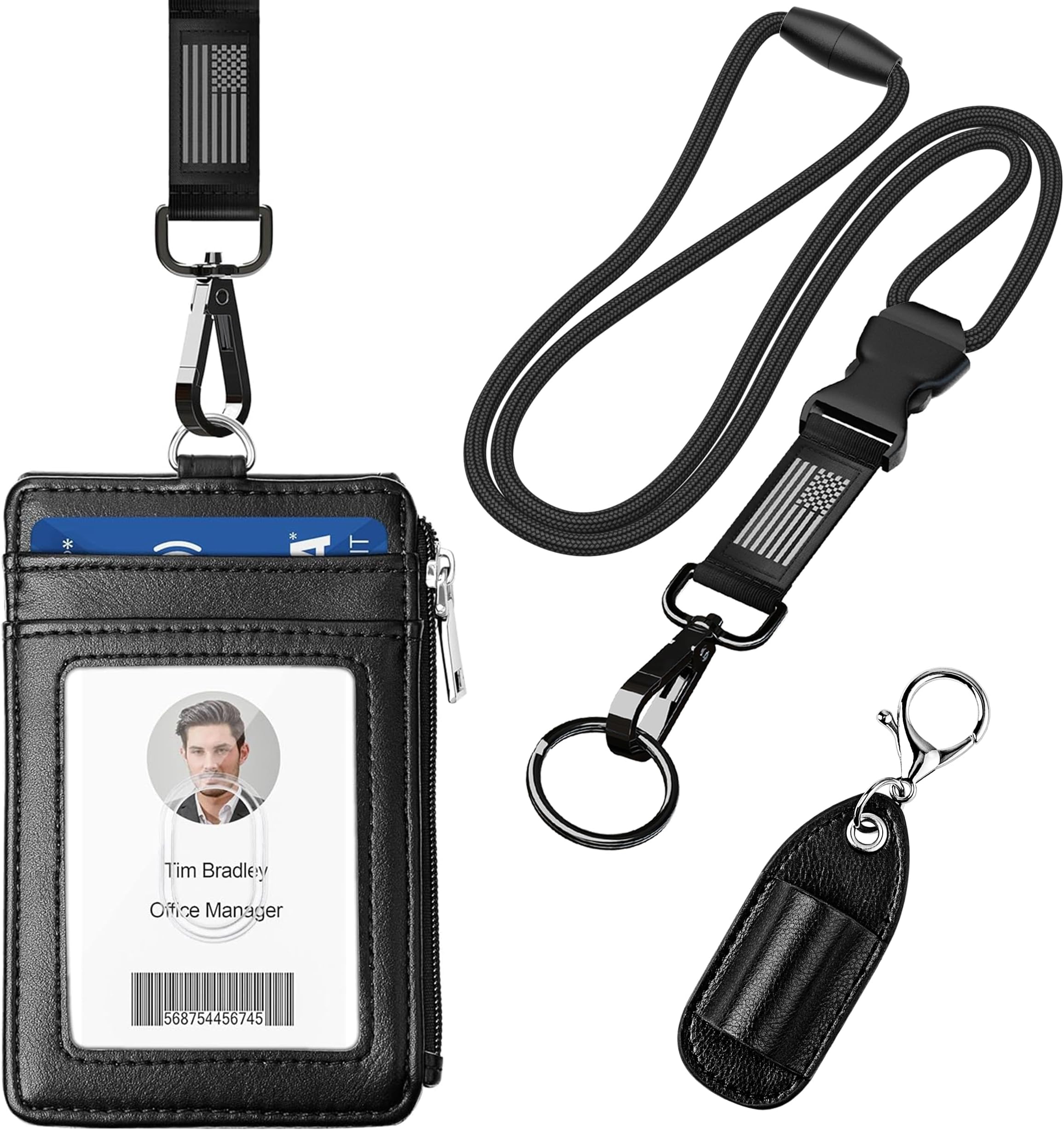ELV Badge Holder with Zipper and Lanyard, PU Leather ID Badge Card Holder Wallet with 5 Card Slots, RFID Blocking Pocket, Adjustable Detachable Neck Lanyard with Keychain and Pen Holder
