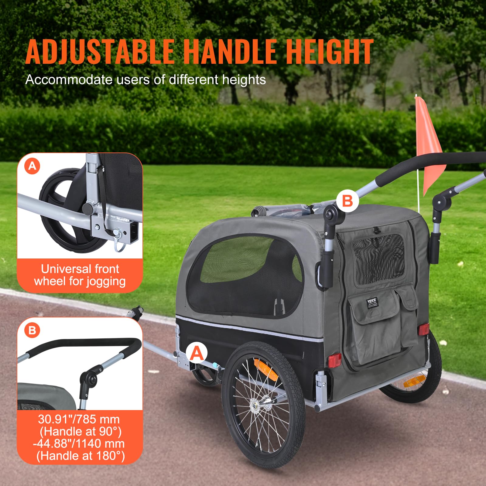 VEVOR Remolque Plegable para Bicicleta para Perros Carga de 450kg Cochecito para Mascotas 2 en 1, Marco Fácil de Plegar con Ruedas de Liberación Rápida, Acoplador Universal para Bicicleta, Reflectores