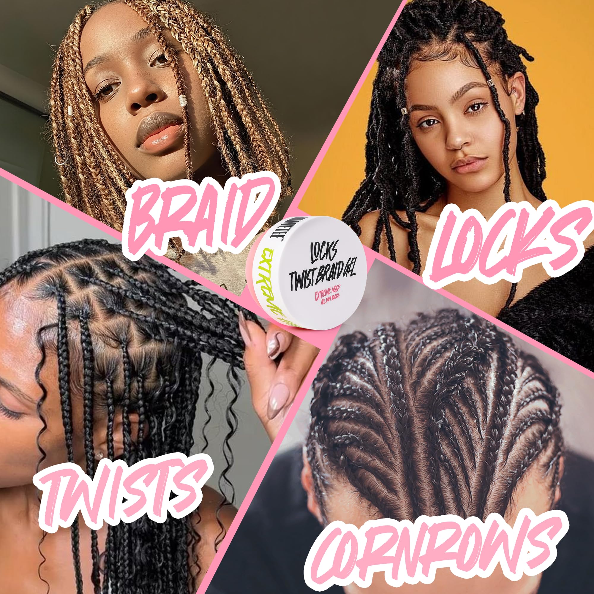 immetee Gel para Trenzas, Gel para Torcer y Marcar con Fijación Todo el Día, Control de Bordes para Cabello Afro, Cera Antifrizz para Cabello con Cepillo Aplicador (Rosa 150g)