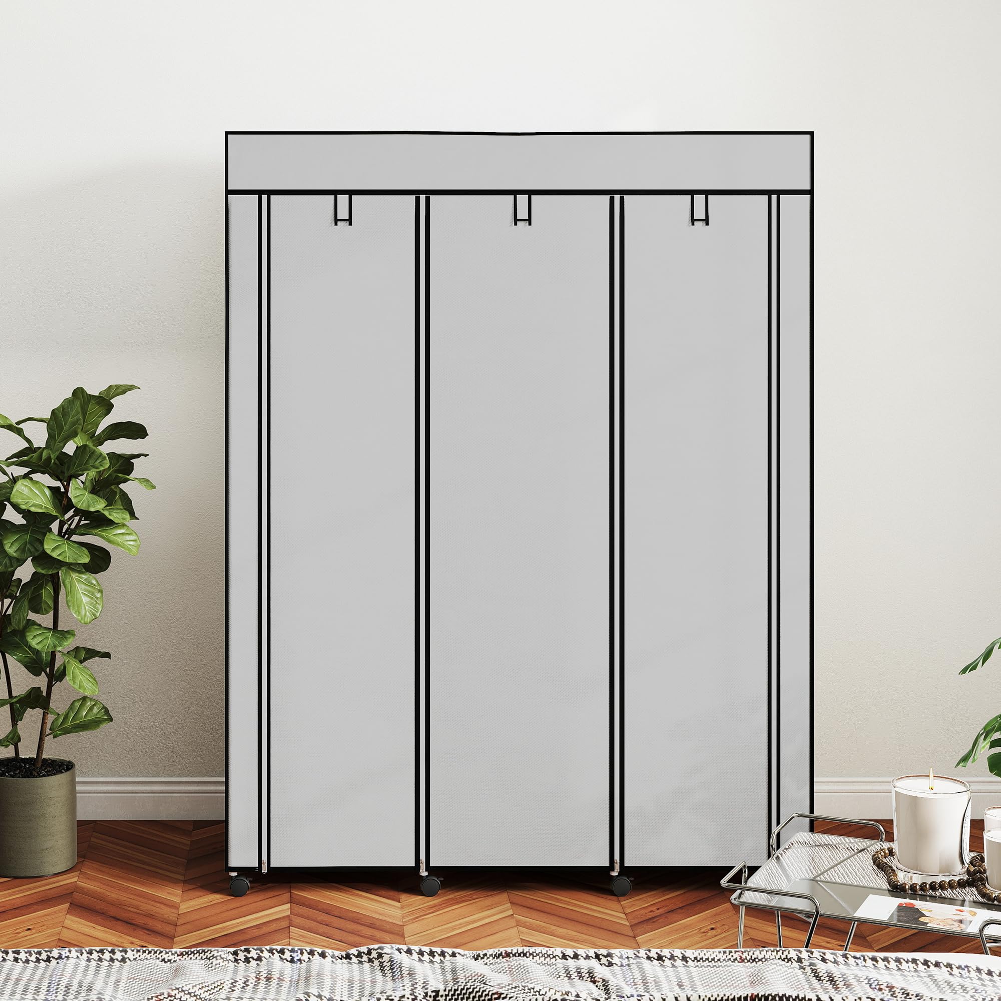 HOMCOM Kleiderschrank Stoffschrank mit Kleiderstange, Ablagen, Reißverschluss Faltschrank Stoffkleiderschrank für Schlafzimmer, Ankleidezimmer, 125 x 43 x 162,5 cm Hellgrau