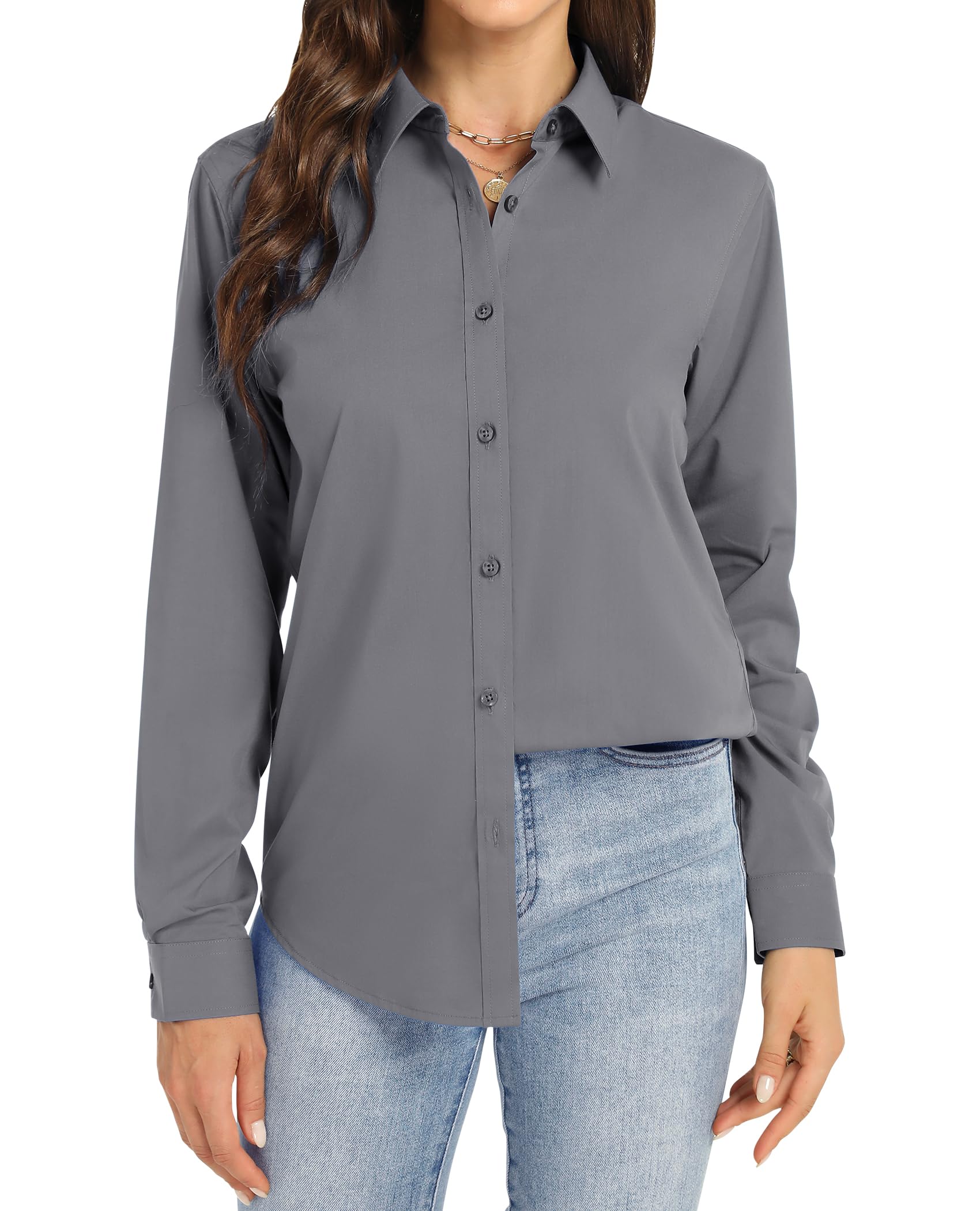J.VER Bluse Damen Business Bügelfrei Langarmshirt Einfarbig Tops Kragen Baumwolle Oberteile Knitterfreies Damen Hemdbluse Mode Für Damenblusen