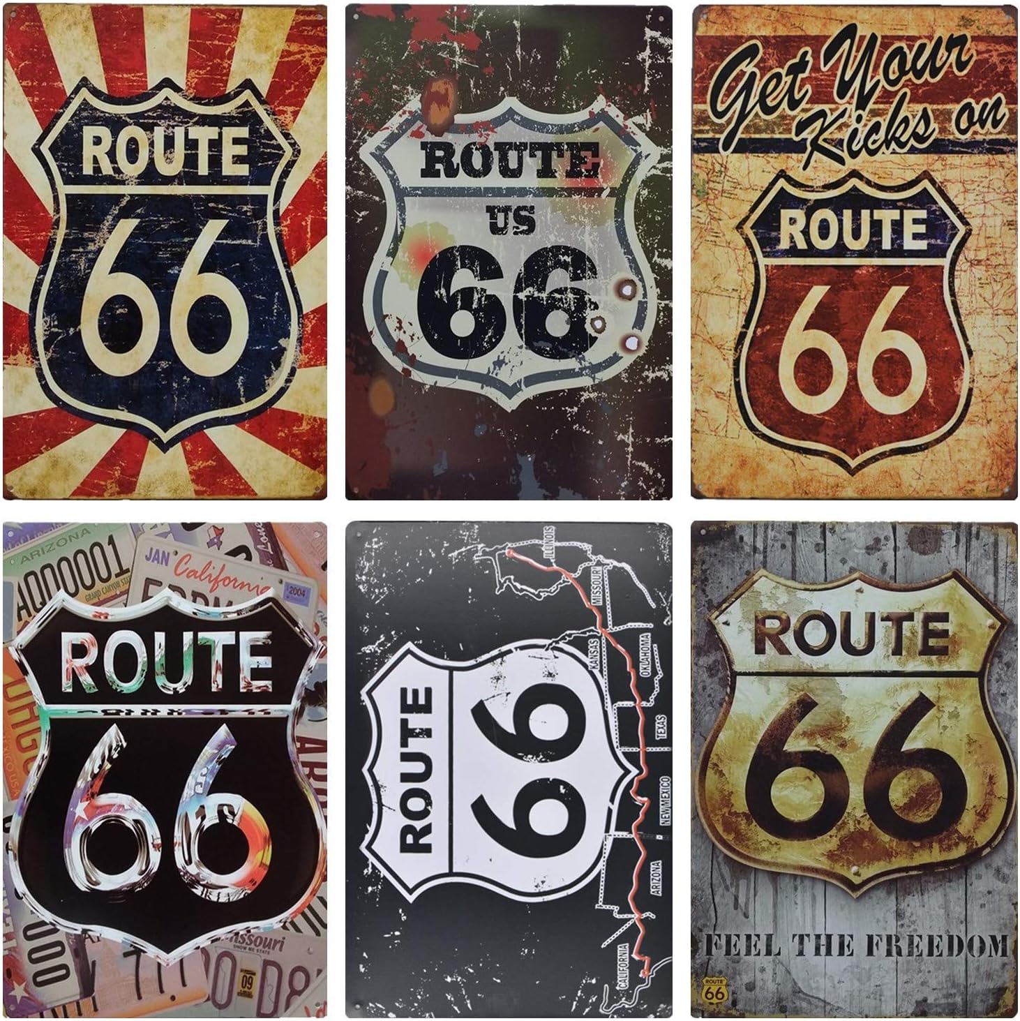 MGJJ Route 66 Retro Tin Sign for Home Decoration 6pcs 30cm20cm (7.87 * 11.81inch)