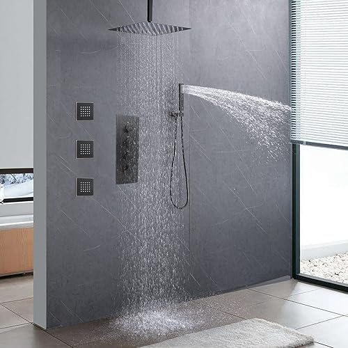 Miniatura 6 de Drettyer Sistema de ducha de lluvia de techo de 16 pulgadas, sistema de ducha termostático de latón con 3 pulverizadores de chorros de cuerpo