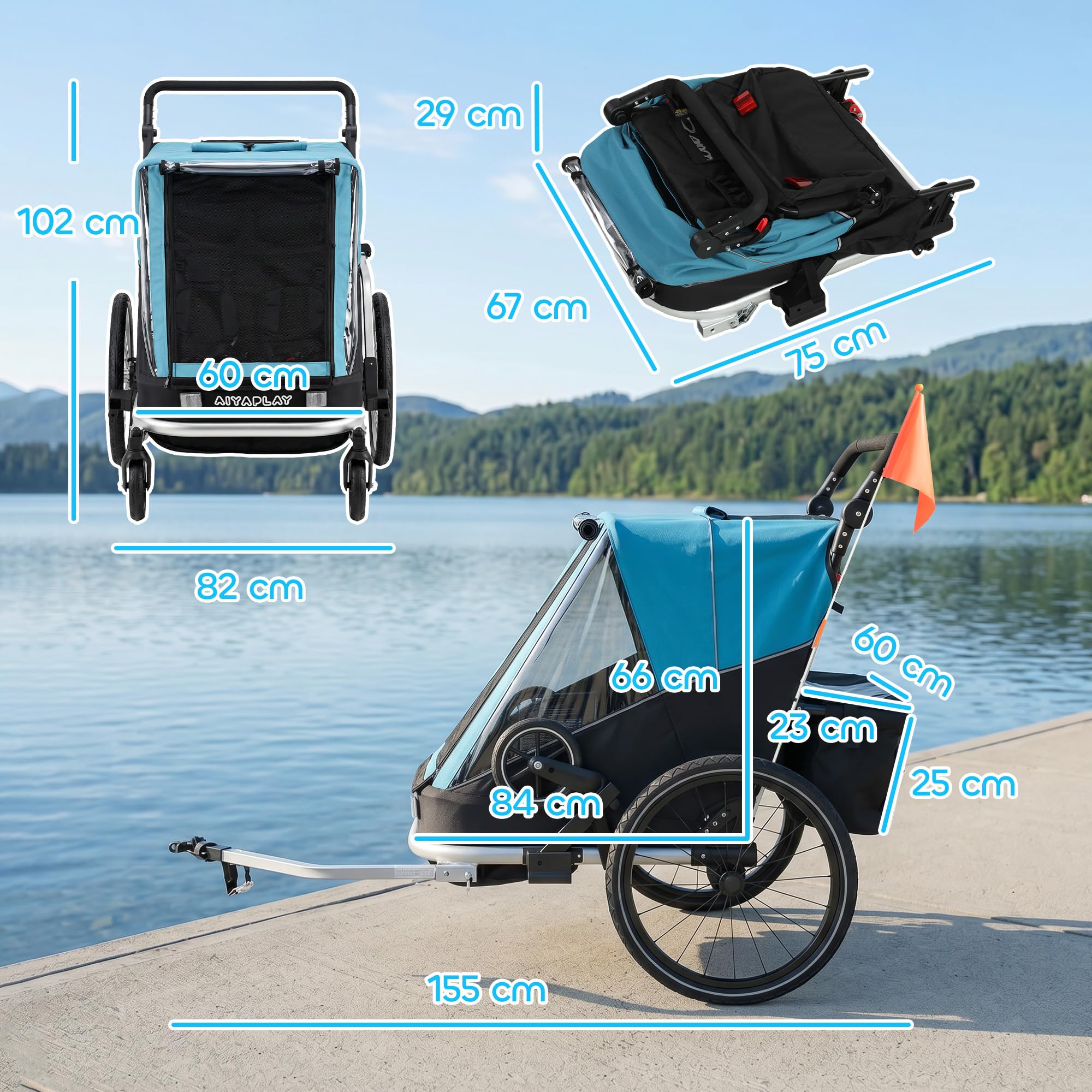 AIYAPLAY Remolque de bicicleta 2 en 1 y cochecito de 2 plazas, plegable, con correa de 5 puntos, bandera de seguridad, para niños a partir de 12 meses, máx. 18 kg