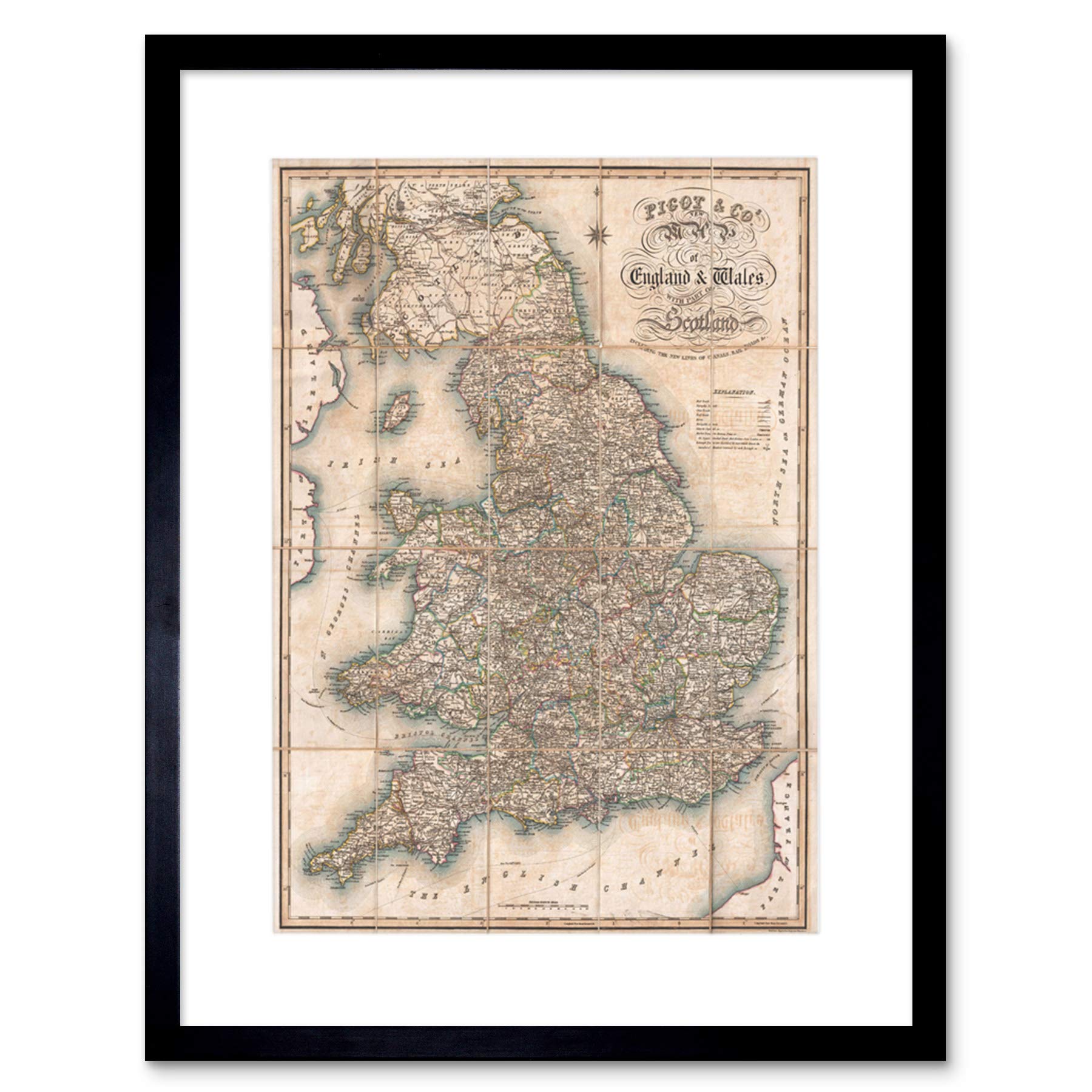 Wee Blue Coo 1830 PIGOT POCKET MAP ENGLAND AND WALES VINTAGE FRAMED ART PRINT MOUNT B12X2141