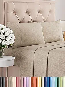 Queen Size 4 Piece Sheet Set - Comfy Breathable & Cooling Bed Sheets Set - Hotel Luxury Bedding for Women, Men, Kids, Teens, Boys & Girls - Deep Pockets, Soft & Wrinkle Free - Beige (Heathered Sheets)