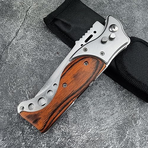 Miniatura 7 de Cuchillos plegables de apertura asistida de 9.5 pulgadas con linterna, mango de madera, cuchillo de bolsillo seguro de velocidad, táctico al aire