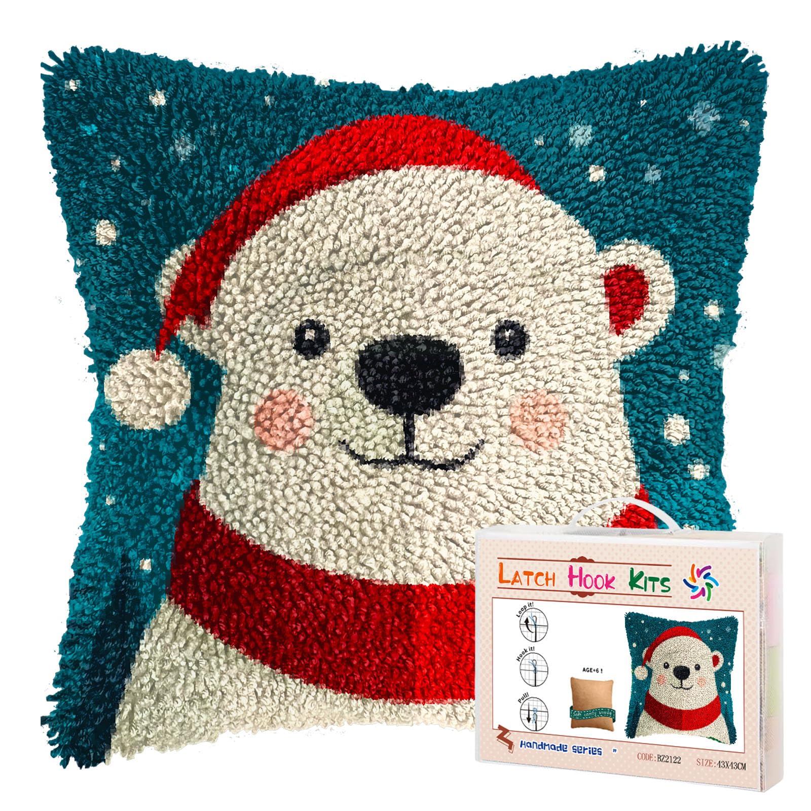 Merry Christmas Polar Bear Latch Hook Pillow Kits for Adults DIY Pillow Cover Printed Pillowcase Crochet Yarns Hooking Handmade Cushion for Home Sofa Decor 17x17inch(15)