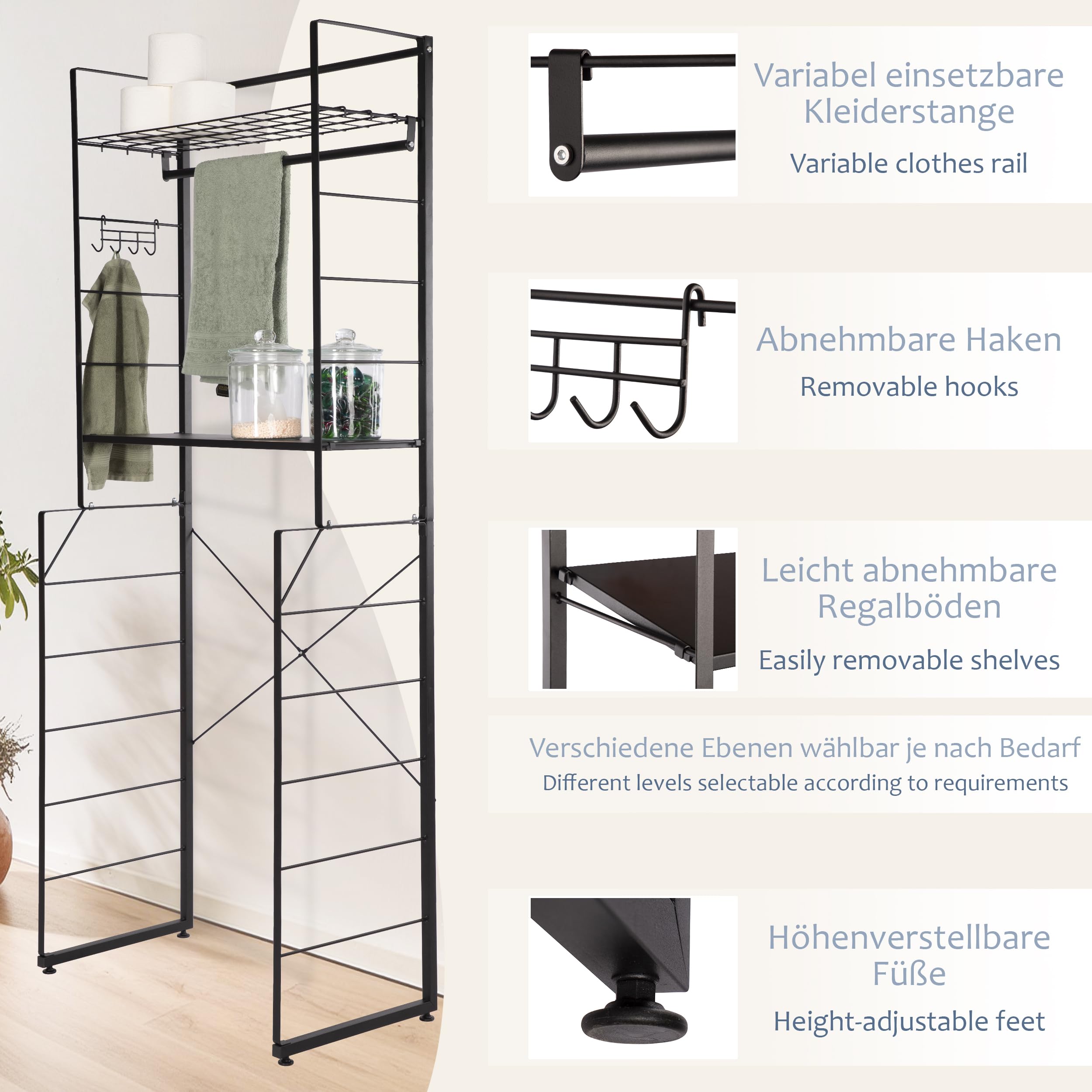 ONVAYA® Waschmaschinenregal ǀ schwarz ǀ mit Kleiderstange und 4 Haken ǀ ideal über Waschmaschine, Trockner oder WC ǀ Toilettenregal aus Metall