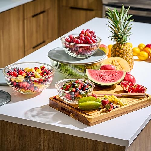 Miniatura 2 de Tazones para mezclar de vidrio acanalado de 8 piezas con tapas herméticas a prueba de fugas, sin BPA, apilables, ahorro de espacio, almacenamiento